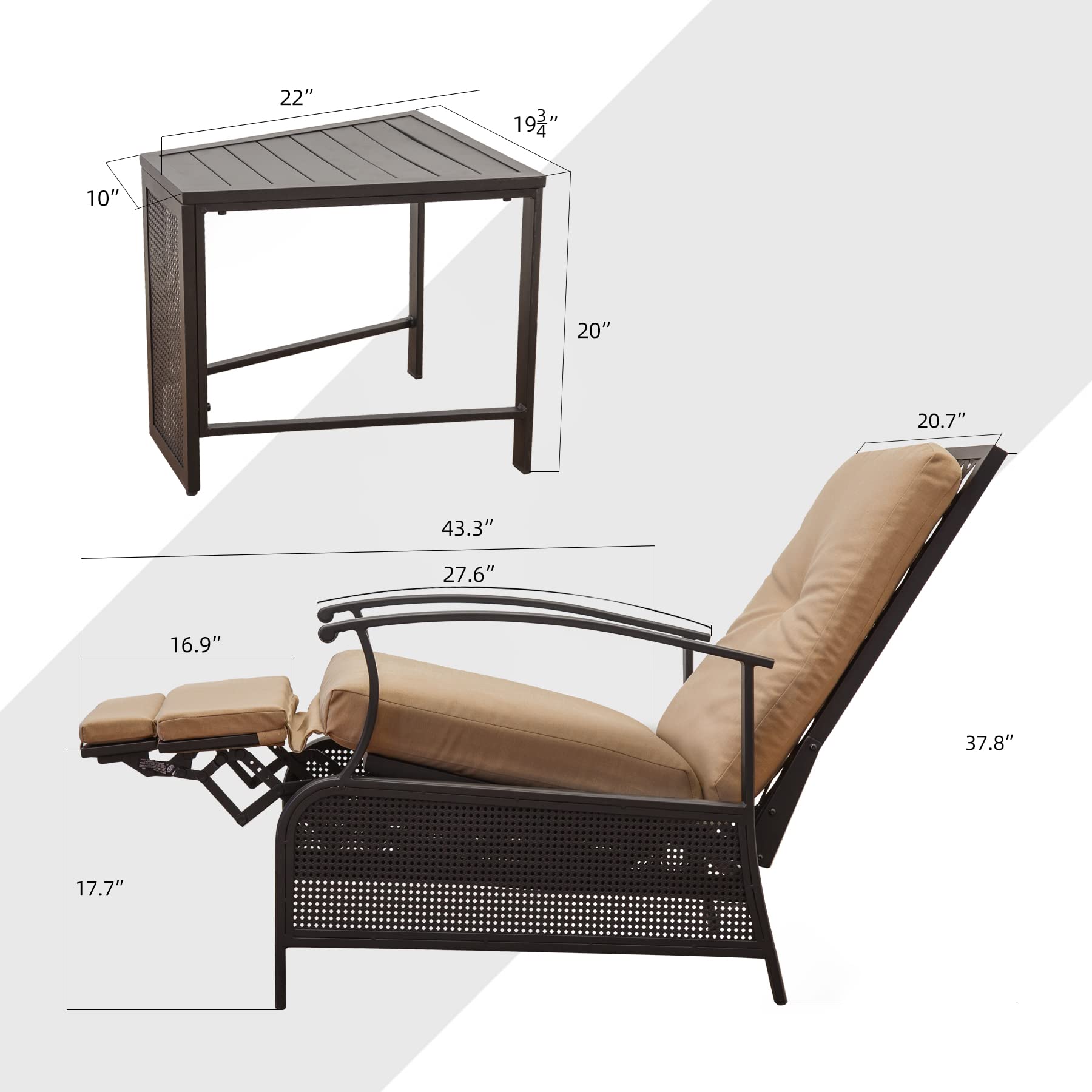 **DOMI Outdoor Living Adjustable Patio Recliner Chair - Heavy Duty Metal Reclining Lounge Chair with Removable Cushions & Side Table - Beige - Perfect for Poolside, Garden, and Backyard Relaxation**