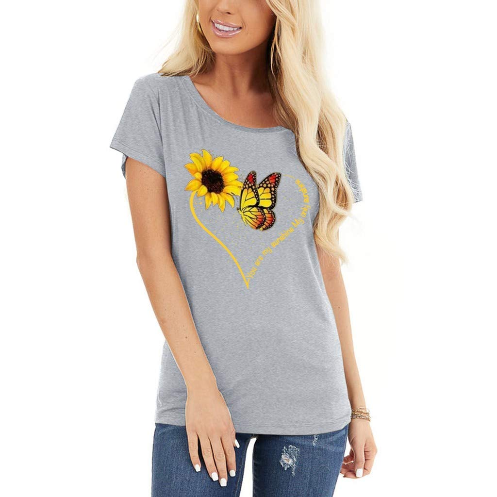 Lozeny Women's Sunflower Butterfly Heart Print Short Sleeve T-Shirt - Casual Summer Blouse & Pullover Top for Beach, Vacation & Everyday Wear