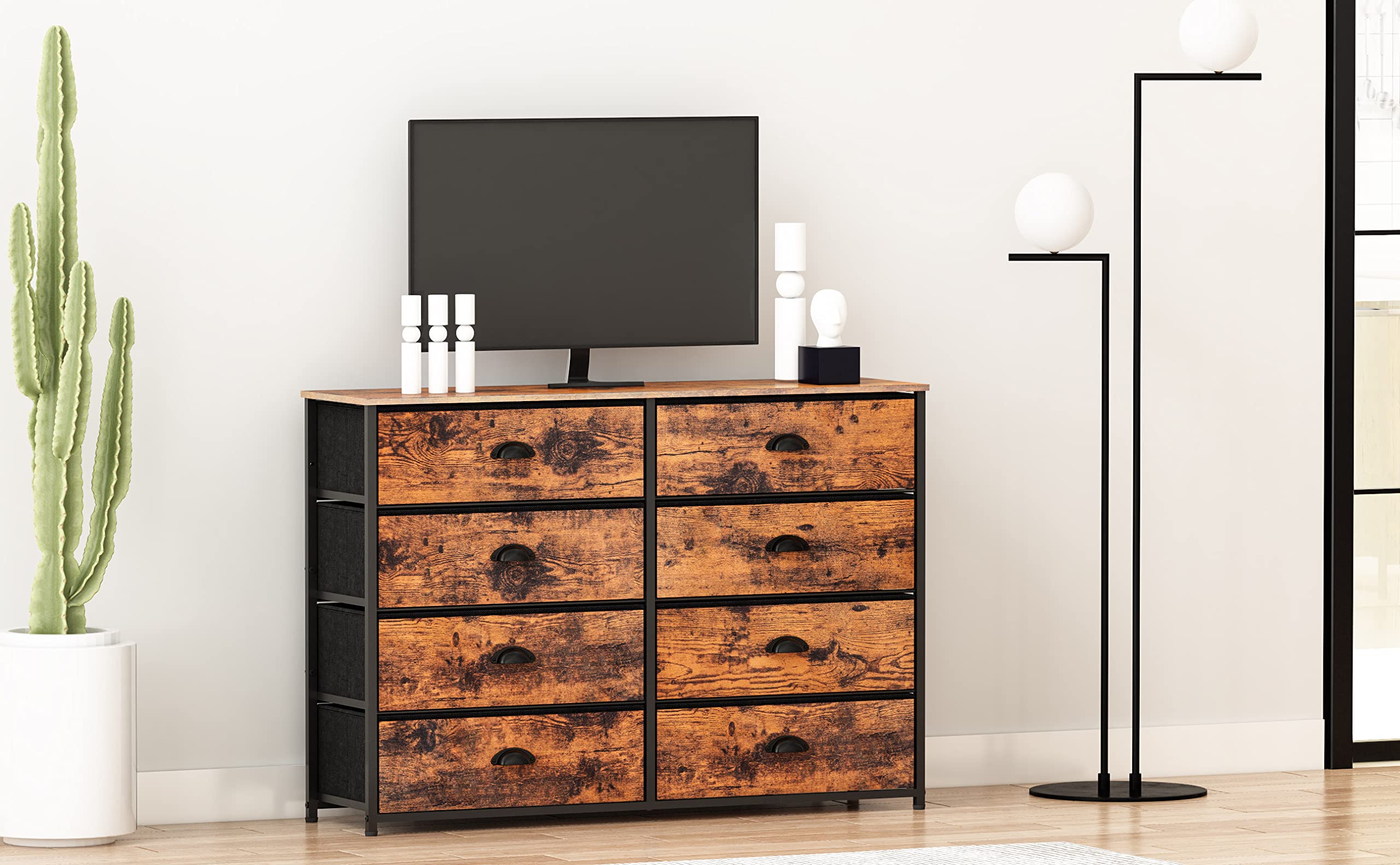 Industrial Rustic Brown Fabric Dresser with 8 Large Drawers & Wood Top - Sturdy Metal Frame Wide Console Table for 50
