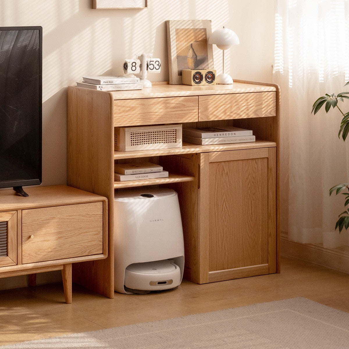 Solid Oak Wood Side Cabinet with Cat Pet Supplies Storage - Perfect for Living Room, Bedroom, or Entryway Organization - Compatible with Robot Vacuum Cleaners