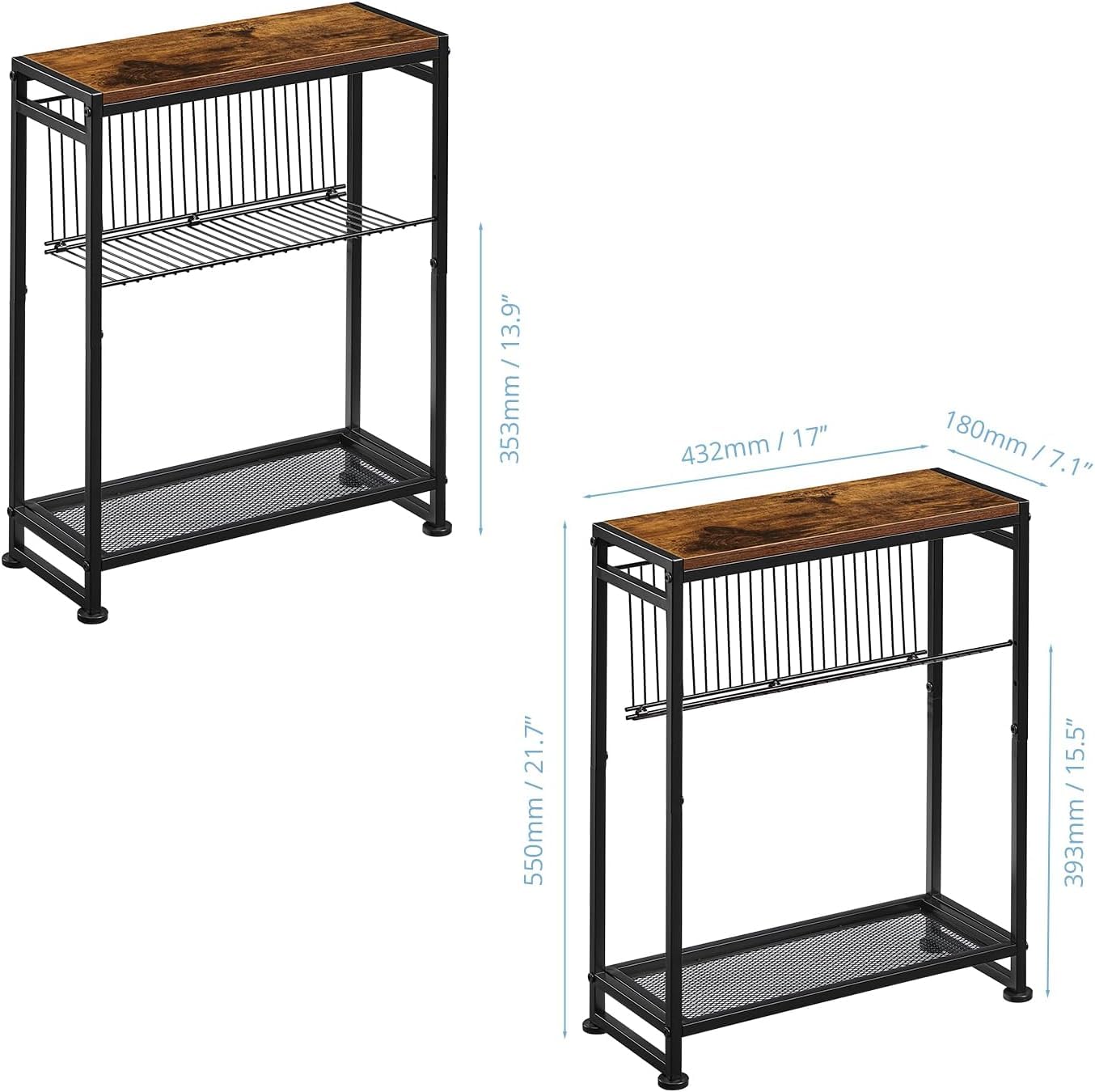Compact Slim Side Table with Magazine Holder - 2-in-1 Space Saving End Table for Small Spaces - Rustic Brown Narrow Nightstand for Bedroom & Living Room - Perfect for Apartments, Dorms and Cozy Corners