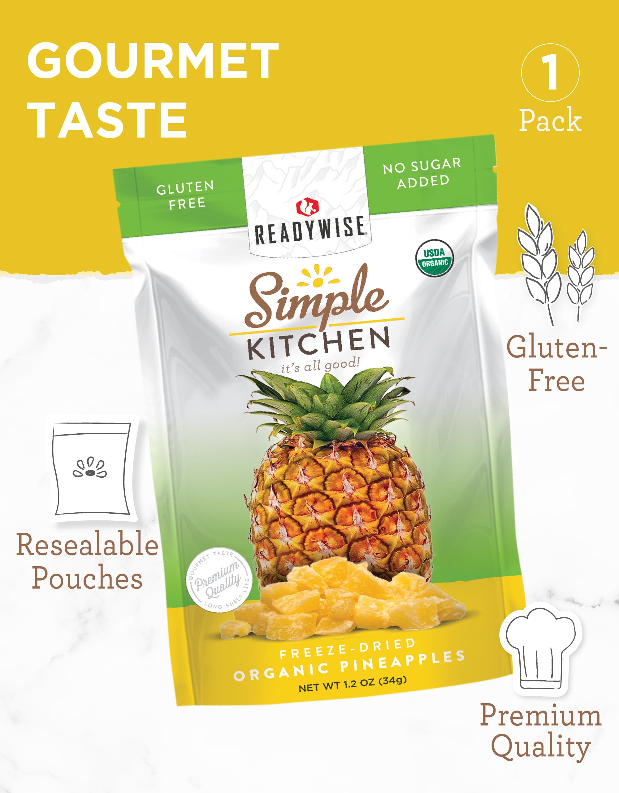 **READYWISE Organic Freeze-Dried Pineapple Snacks – Gluten-Free, Vegetarian, Healthy Dried Fruit for Pre-Workout, Camping, Backpacking & Survival Food – 1 Pack**    *(Perfect for on-the-go energy, outdoor adventures, or emergency preparedness!)*