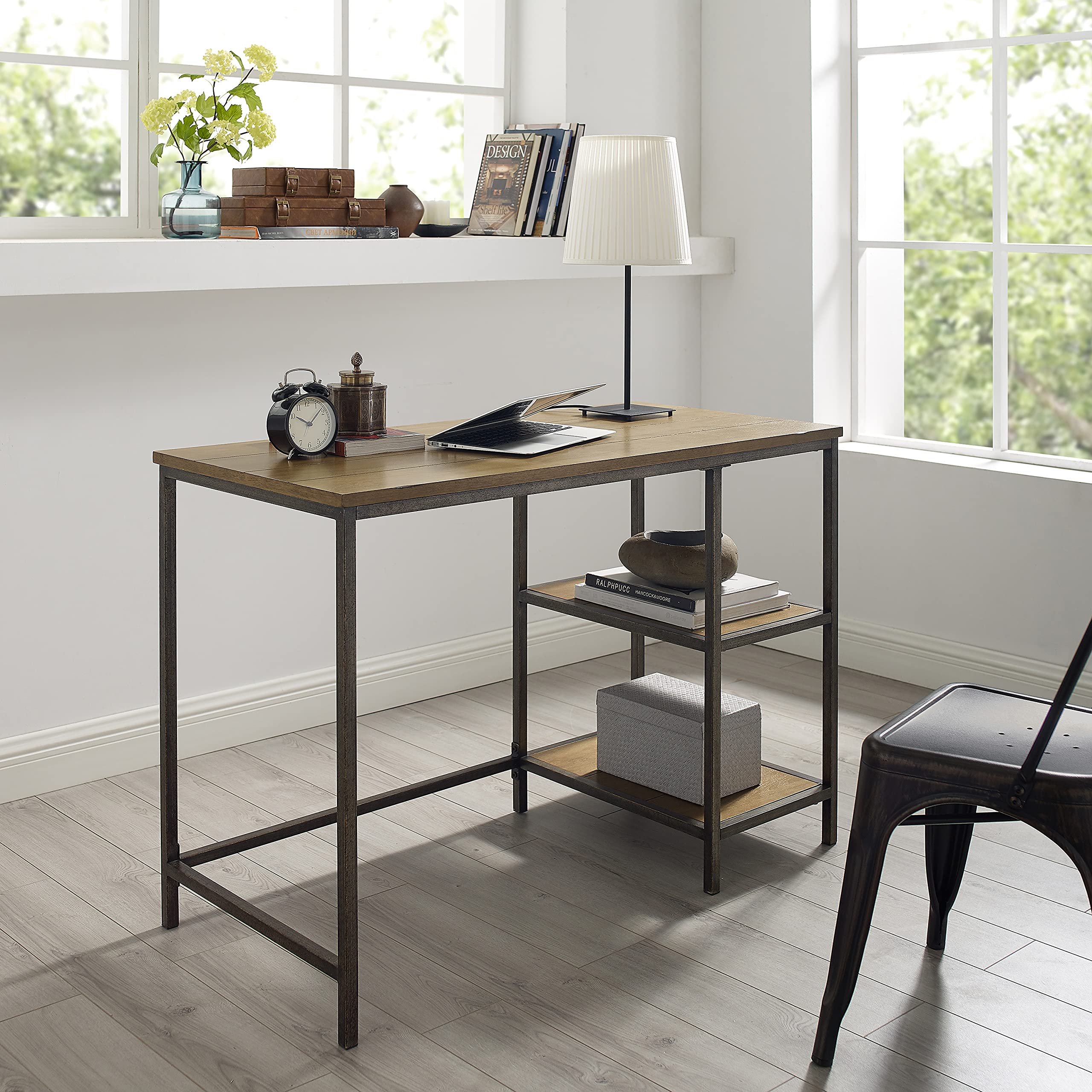 Crosley Furniture Brooke Small Home Office Desk with Storage Shelves - Compact Writing Desk for Small Spaces, Washed Oak Finish - Perfect for Home Office, Study Room, or Dormitory