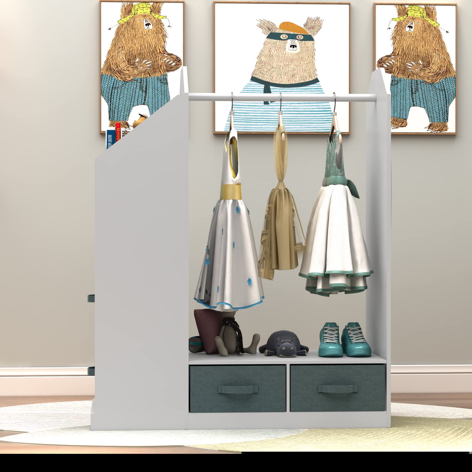 White Kids Play Armoire with Storage Bins & Closet Organizer - Dress Up Costume Wardrobe with Mirror for Girls & Boys Bedroom, Playroom & Nursery Organization