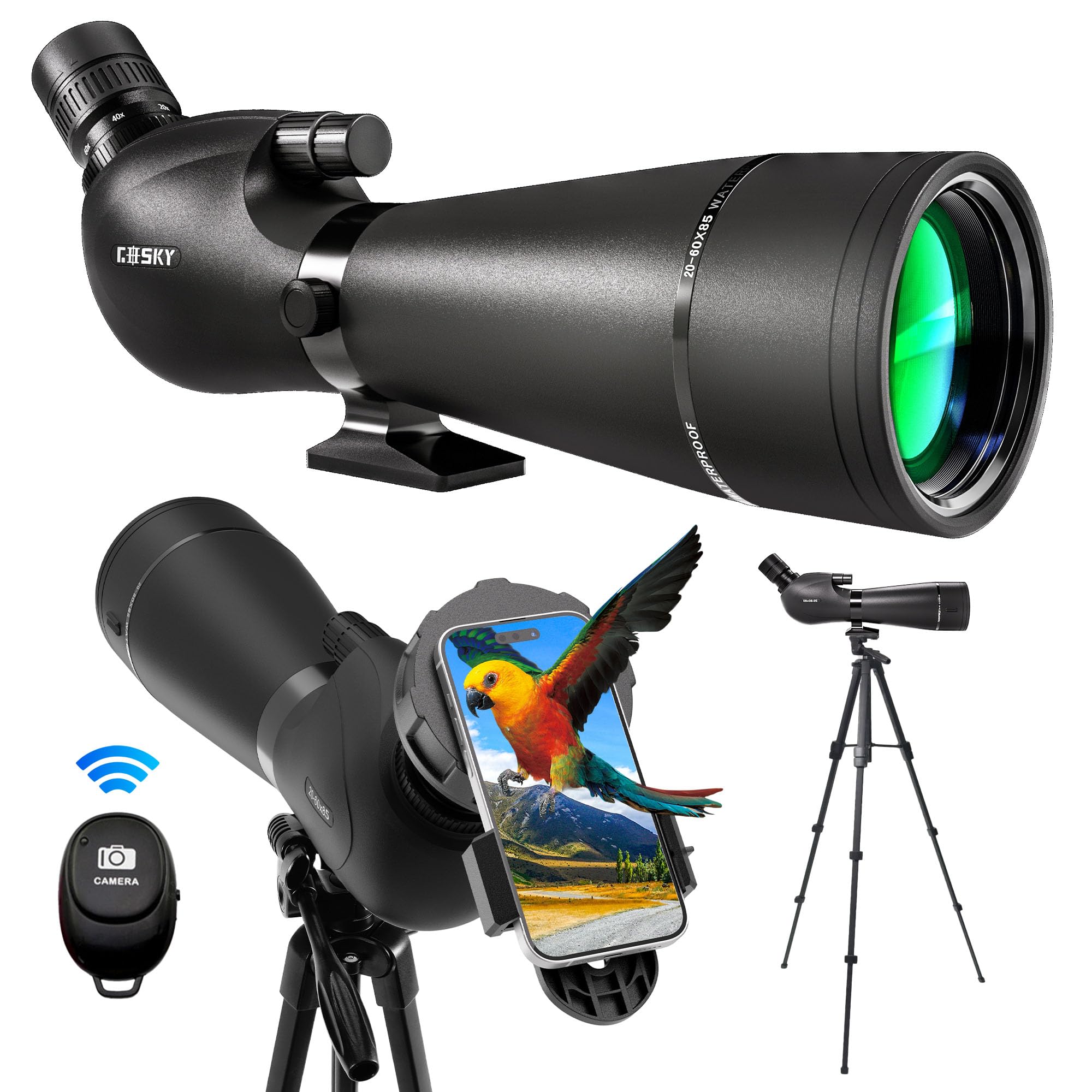Gosky 20-60x85 Spotting Scope with Tripod, Phone Adapter & Bluetooth Remote - Waterproof for Target Shooting, Bird Watching, Hunting, Travel & Outdoor Adventures
