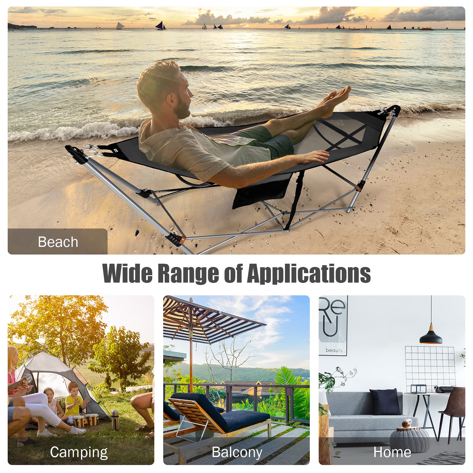 Giantex Portable Folding Hammock with Stand - Lightweight Camping Bed for Indoor & Outdoor Use, Patio Yard Beach Lounge with Side Pocket & Anti-Tip Buckles, Durable Iron Frame (Grey) - Perfect for Camping, Backyard Relaxation, Beach Vacations and Outdoor Adventures