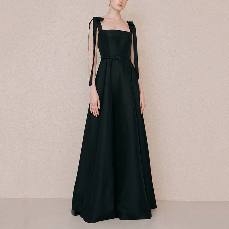Elegant A-Line Black Satin Formal Evening Dress - French Style Party Gown for Women | Perfect for Weddings, Galas & Special Occasions