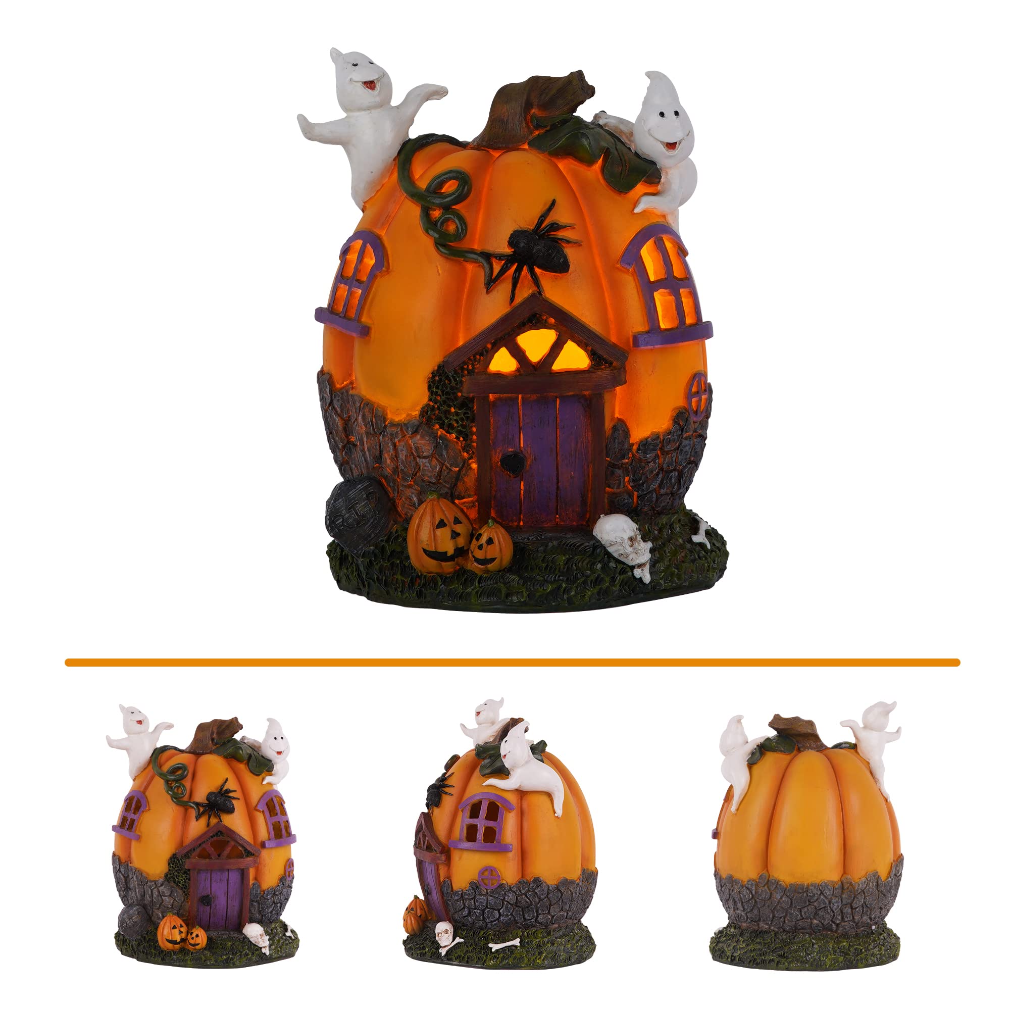 Topadorn Halloween Pumpkin House Figurine with Ghost - Spooky LED Lighted Haunted House Decor for Table, Garden, Yard - Perfect for Halloween Party, Home Decoration & Outdoor Scary Display