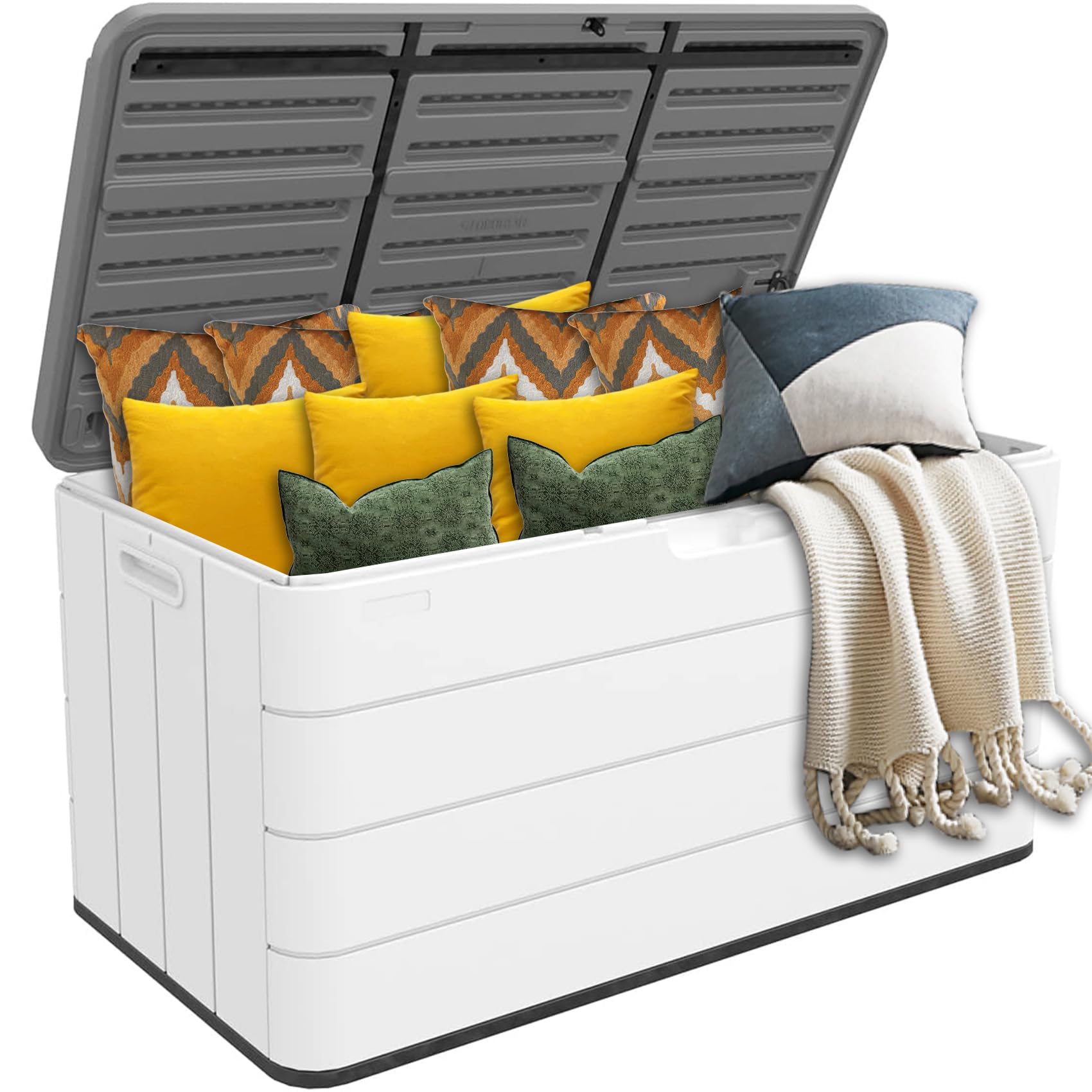 85 Gallon Outdoor Deck Box with Lock - Waterproof & UV Resistant Large Storage Container for Patio Furniture Cushions, Garden Tools, Pool Toys | Perfect for Backyard, Deck, Poolside & Garage Organization (White)