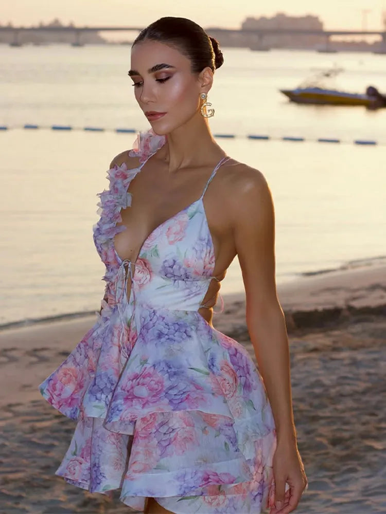 Elegant Flare Sleeve V-Neck Printed Mini Dress - Women's Summer A-Line Pleated Party Gown with Hollow Out Design | Perfect for Evening Events, Weddings & Date Nights