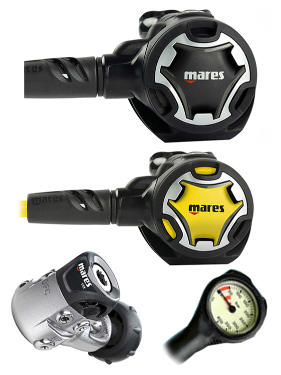 Mares Regulator Set: Dual 15X DIN/Yoke Scuba Diving Regulator with Octopus & Free Thermometer Gauge - Perfect for Deep Sea Diving and Underwater Exploration
