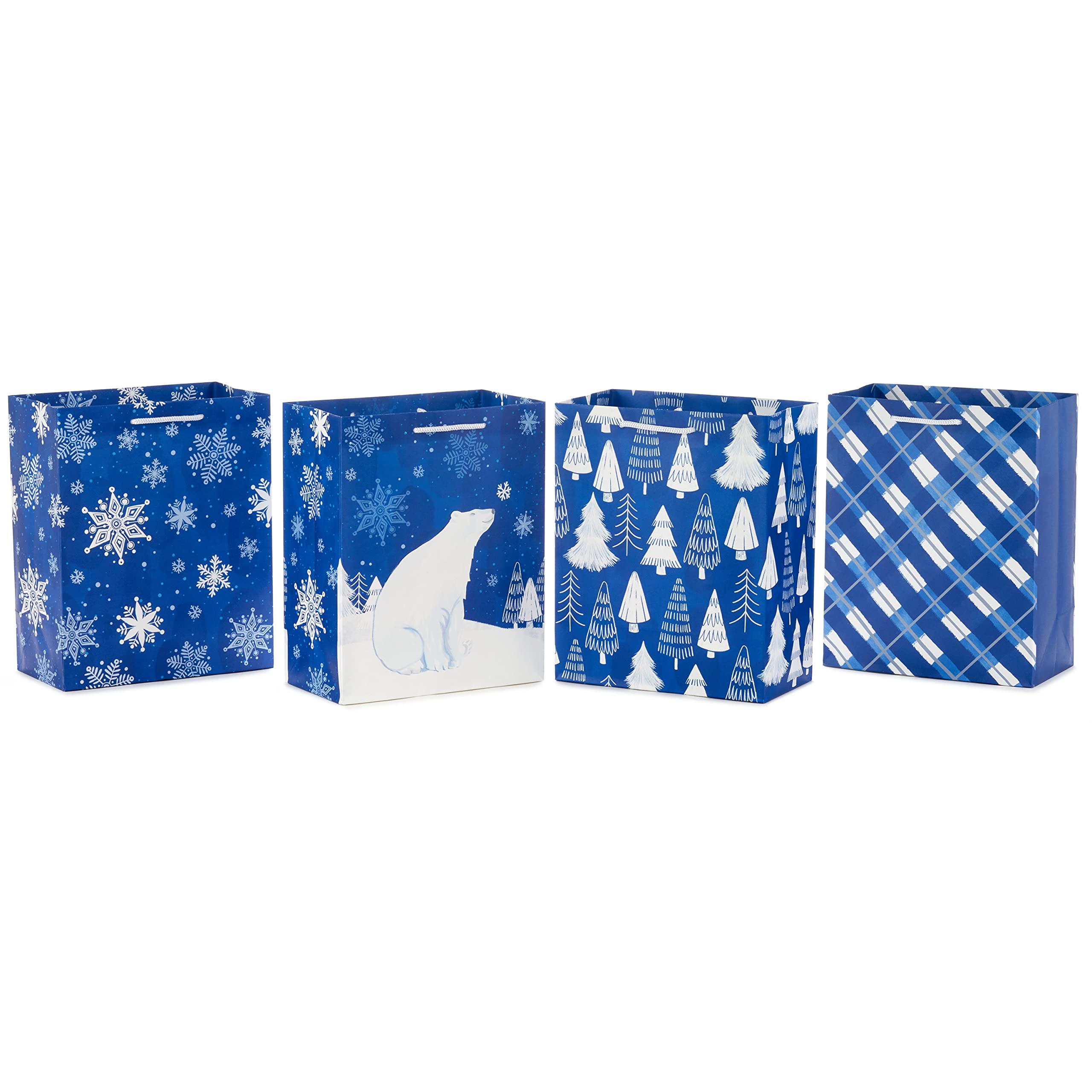 Hallmark 9 Inch Christmas Gift Bags Set of 4 - Snowflake Blue, Plaid, Polar Bear & Tree Designs for Holiday Gifts, Hanukkah Presents, Winter Wedding Favors & Graduation Party Favors - Perfect for Christmas Parties, Office Exchanges & Festive Gift Wrapping