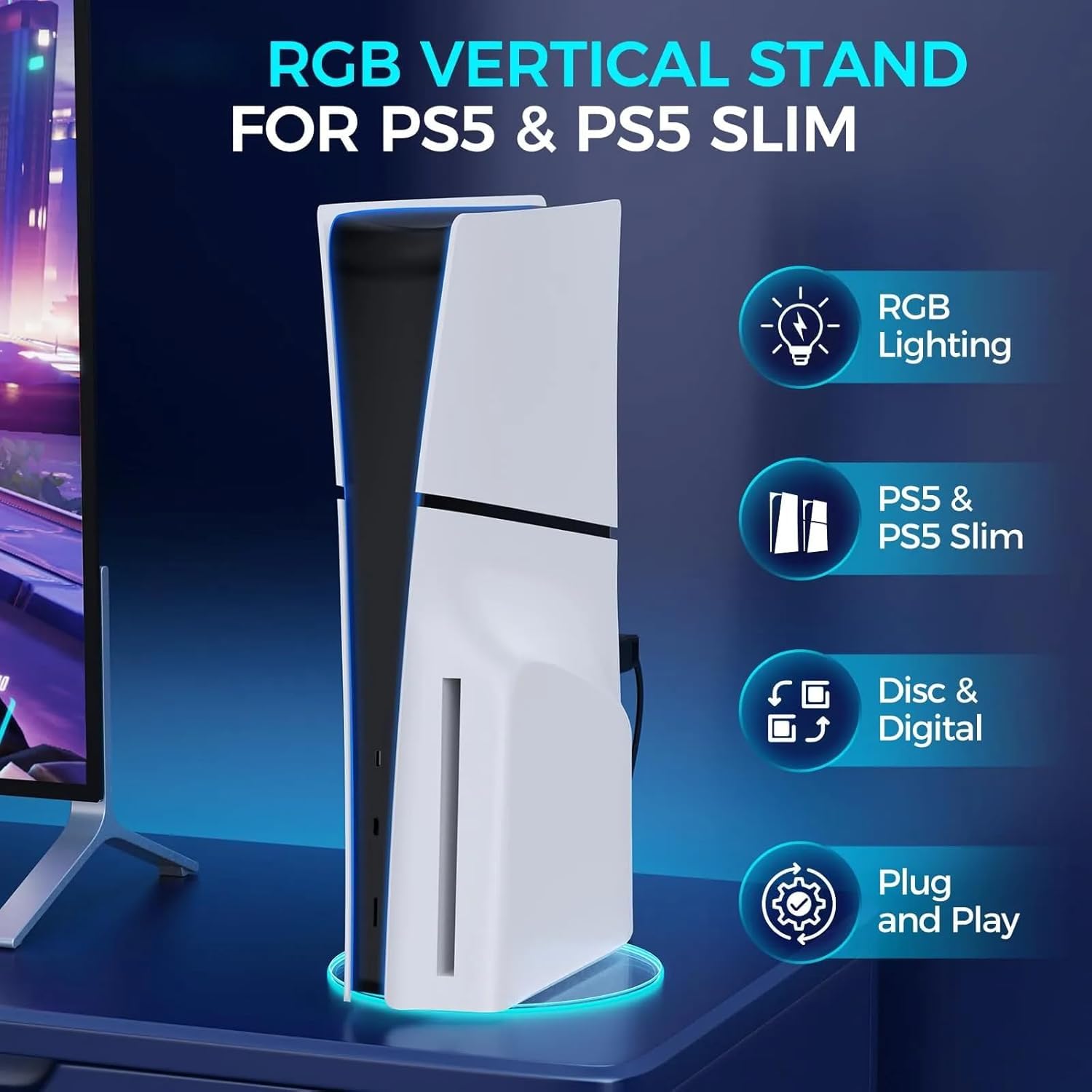 PS5 Vertical Stand with 7 RGB Lights - Compatible with PS5 Slim, Digital & Disc Edition, Base Bracket Accessories for PlayStation 5 Pro | Perfect for Gaming Setup & Display