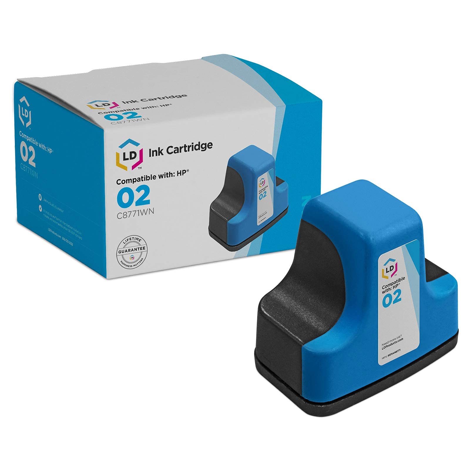 LD Products Remanufactured HP 02 / C8771WN Cyan Ink Cartridge - Compatible with HP Photosmart Printers | High-Quality Replacement Ink for Home & Office Printing