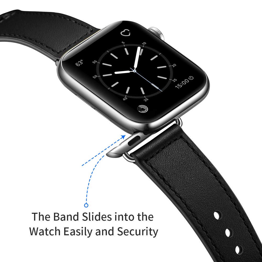KYISGOS Genuine Leather Replacement Band for Apple Watch Series 1/2/3/4/5/6/7/8/9/10 & SE - Compatible with 38mm 40mm 41mm 42mm iWatch - Black/Silver - Perfect for Workouts, Office & Everyday Wear