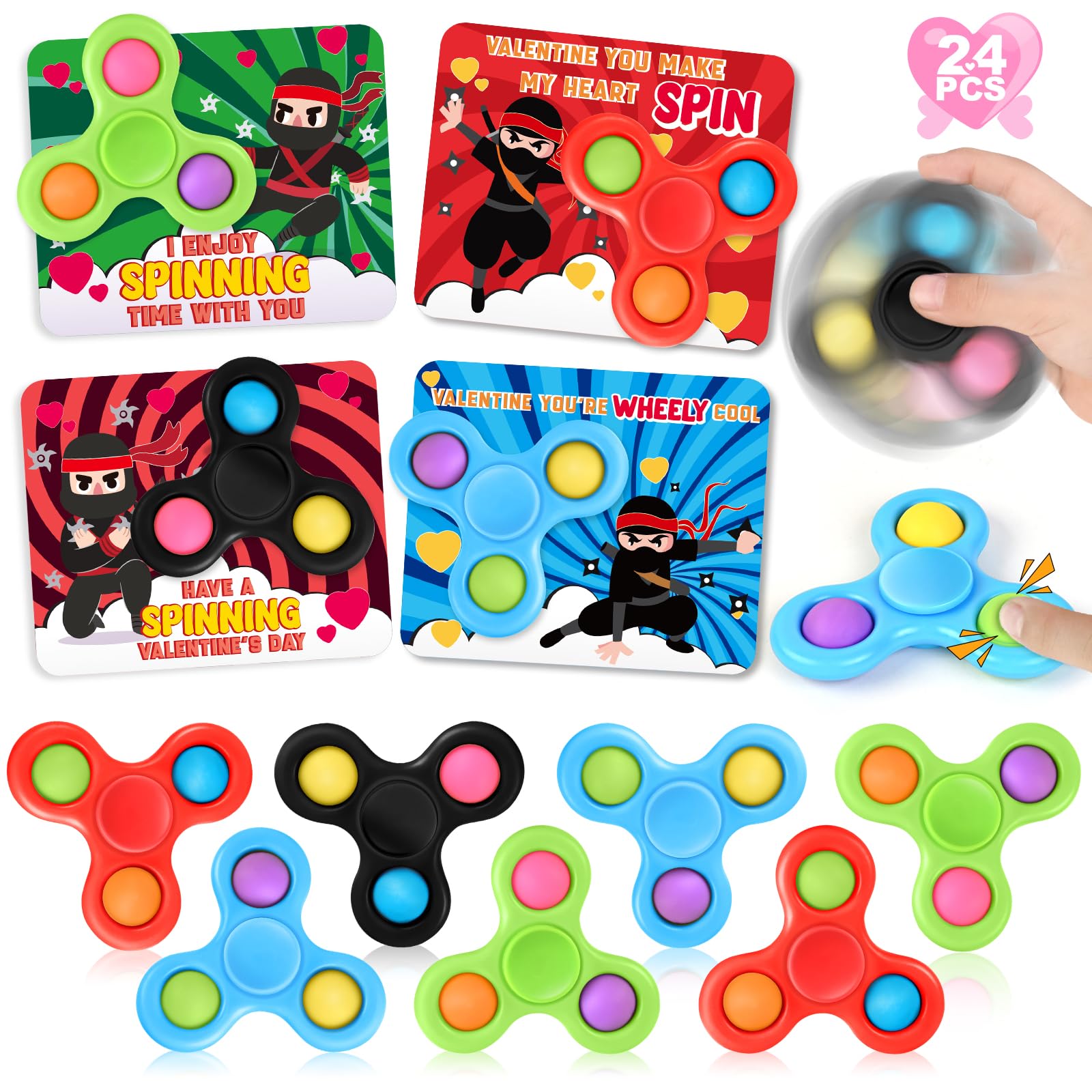 24 Pack Valentine's Day Cards with Fidget Spinners for Kids - Sensory Toys for Classroom Gifts, Party Favors & School Valentine Exchange - Perfect for Valentine's Parties, Classroom Activities & Stress Relief