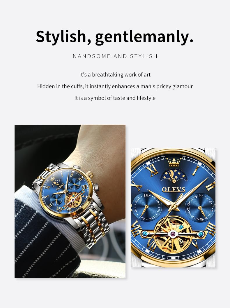 OLEVS Automatic Self-Winding Men's Watch with Date & Day Display - Stainless Steel Skeleton Tourbillon Watch - Waterproof Mechanical Watch for Men | Perfect for Business, Formal Events & Daily Wear