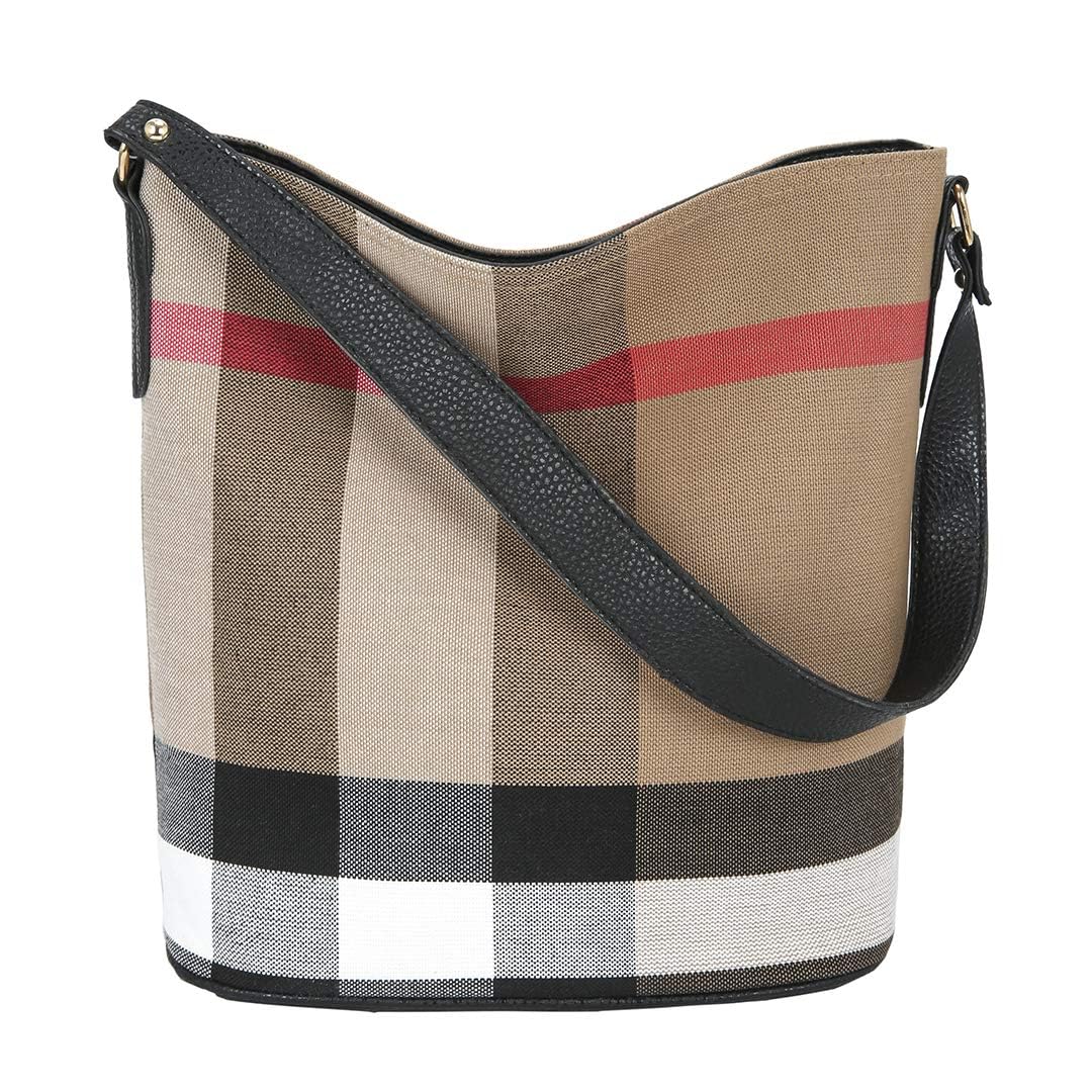 Stylish Plaid Canvas Tote Bag for Women - Fashion Designer Shoulder Handbag & Bucket Purse in Black | Perfect for Work, Travel, and Everyday Use