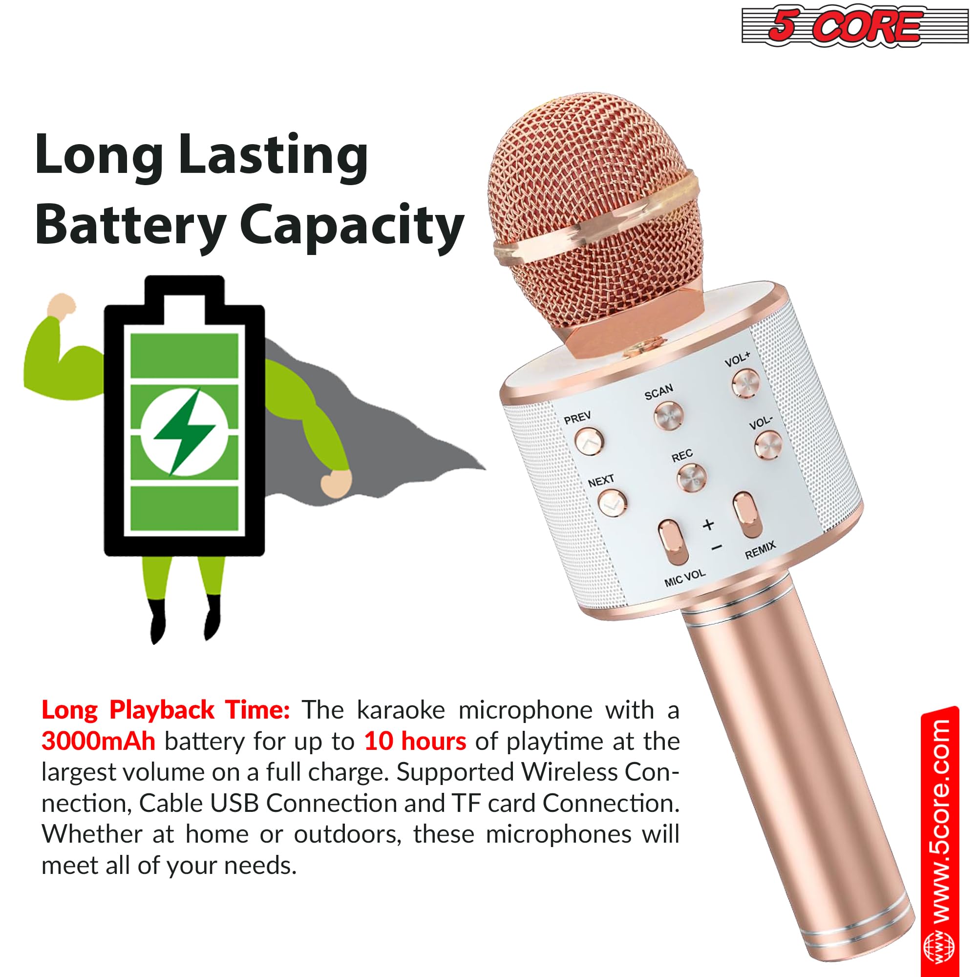 5 CORE Bluetooth Wireless Karaoke Microphone - Portable Handheld Mic with Built-in Speaker & Recording Function - Perfect for Home Karaoke, Parties, Singing Practice and Live Streaming (Copper)
