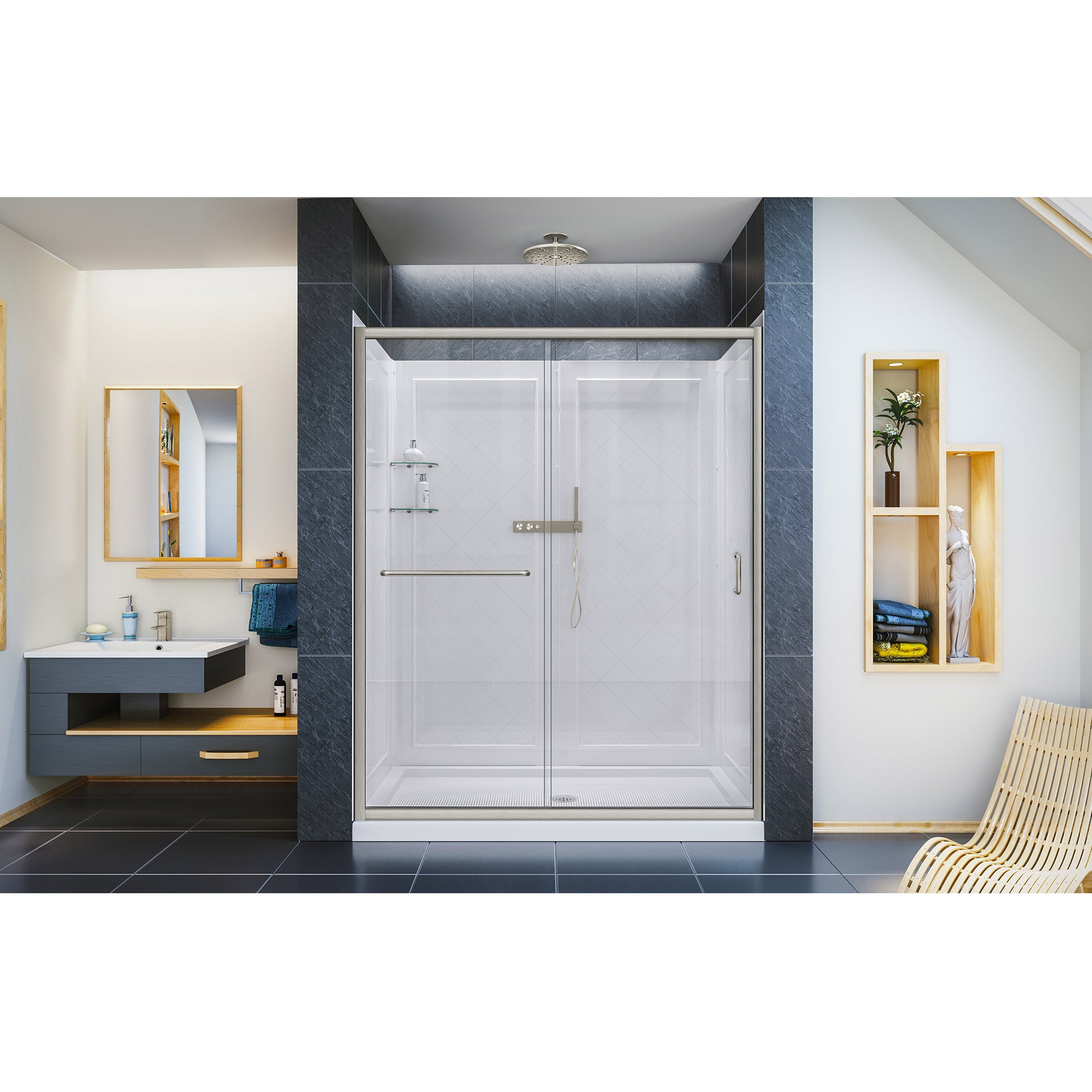 DreamLine Infinity Z 32x60x76.75 Inch Semi-Frameless Sliding Shower Door with Clear Glass - Includes Shower Base & QWALL 5 Backwall Kit - Perfect for Modern Bathroom Renovations and Spa-Like Shower Experiences