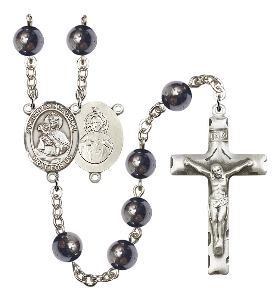 Silver Plate Rosary with 8mm Hematite Beads & 1.75x1 Inch Crucifix - Features Our Lady of Mount Carmel Medal for Prayer, Meditation, and Religious Gifts
