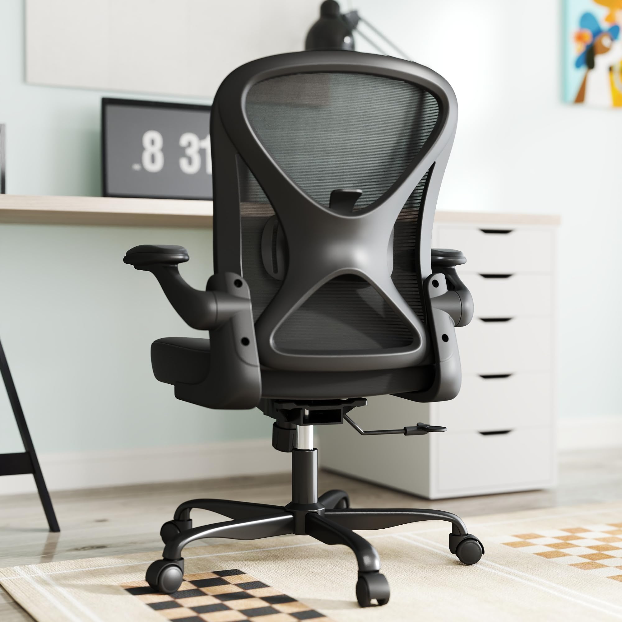 Ergonomic Mesh Office Chair with Adjustable Lumbar Support - Breathable Home Desk Chair with Wheels, Flip-Up Arms & Height Adjustment - Perfect for Home Office, Gaming & Workspace (Black)