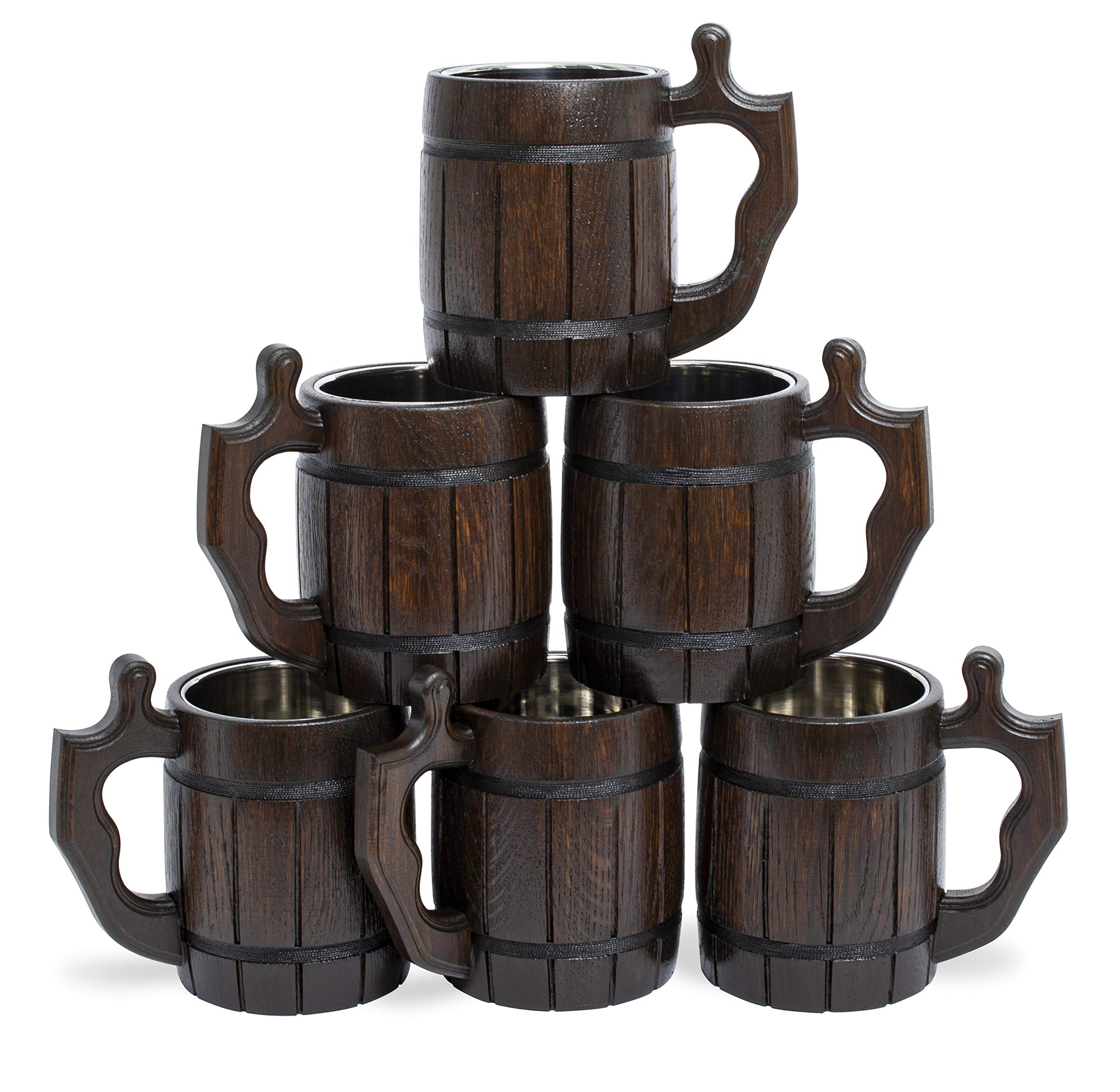 6-Pack 20oz Beer Mugs Set - Stainless Steel Tankard & Wooden Stein - Handmade Gifts for Men (Father's Day, Christmas, Birthday) - Perfect for Home Bars, Parties & Beer Tasting Events - Barrel Brown Design