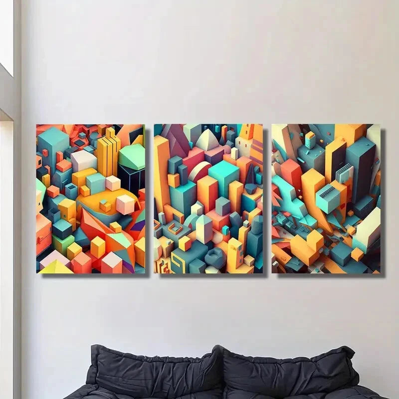 3-Piece City Top View Abstract Mosaic Art Metal Print - Ready to Hang Wall Decor for Living Room, Office & Bedroom