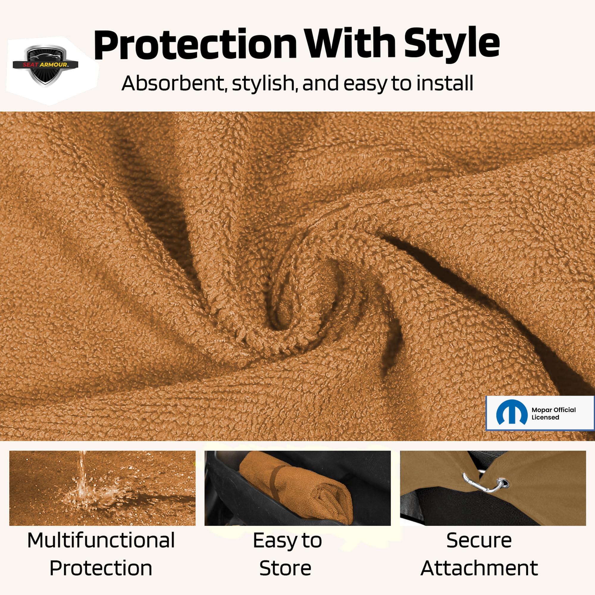 Jeep Smiley Face Seat Protector Towel - Soft Machine Washable Car Seat Cover - Easy to Install Multipurpose Seat Towel for Jeep Wrangler & SUVs - Tan - Perfect for Off-Roading, Camping & Daily Commute