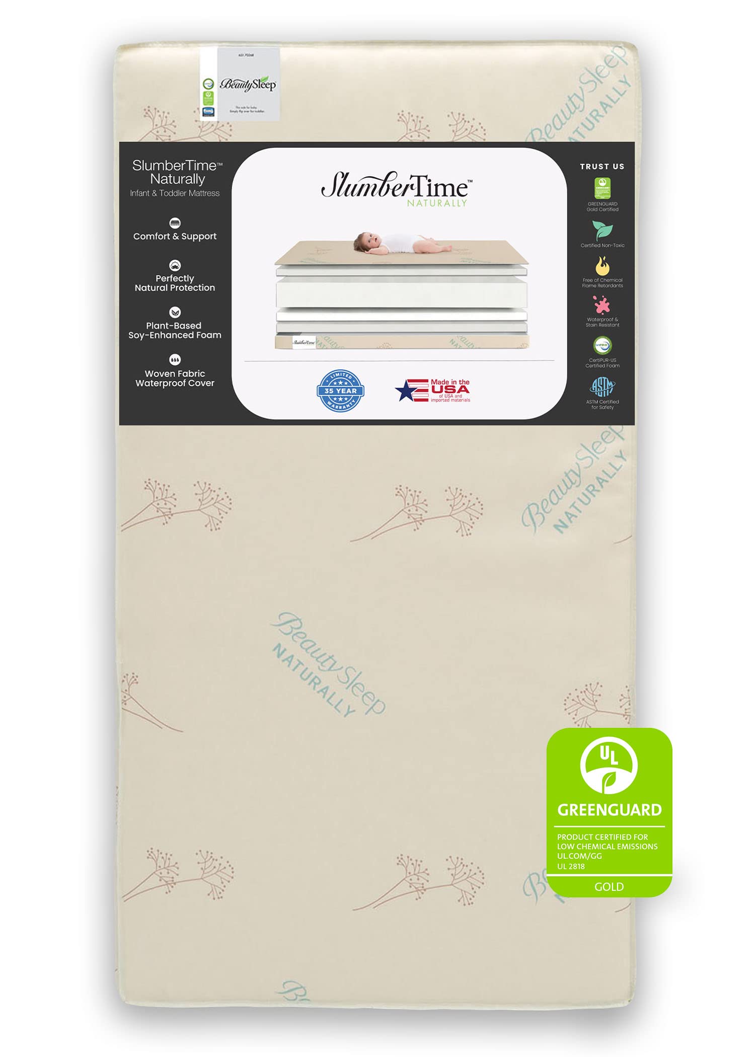 Simmons Kids SlumberTime Naturally 2-Stage Organic Soy Foam Baby Crib Mattress & Toddler Mattress - Waterproof, Hypoallergenic - GREENGUARD Gold & CertiPUR-US Certified - Medium Firm Support - Made in USA - Perfect for Nursery, Daycare & Travel Cribs
