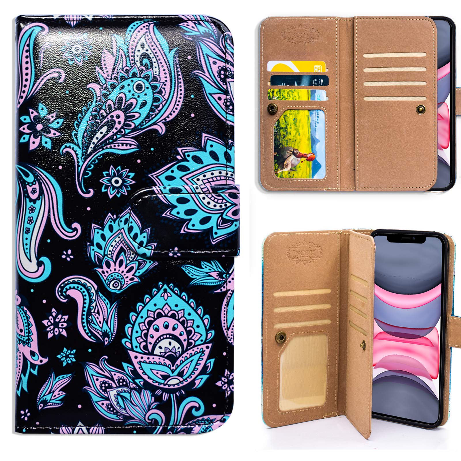 Premium Leather Wallet Case for iPhone 12 Pro Max - BCOV Light Blue Paisley & Black Flip Cover with Multiple Card Slots, Pocket & Wrist Strap | Slim Protective Phone Case for Everyday Use, Travel & Business Meetings