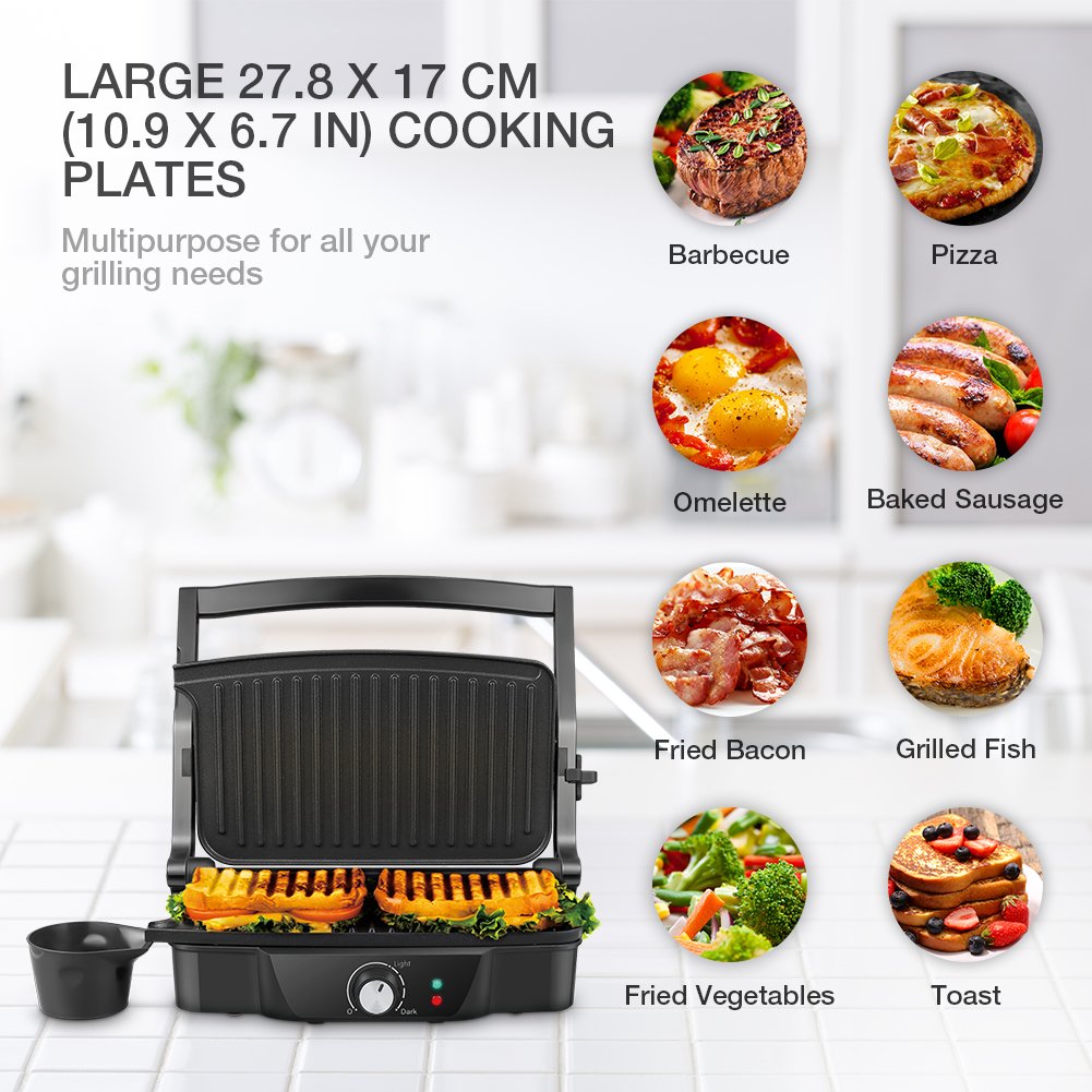 iSiLER 2-Slice Electric Panini Press Grill & Sandwich Maker with Non-Stick Coated Plates, 180° Adjustable for Breakfast, Snacks & Party Food - Perfect for Home, Office & Outdoor Cooking