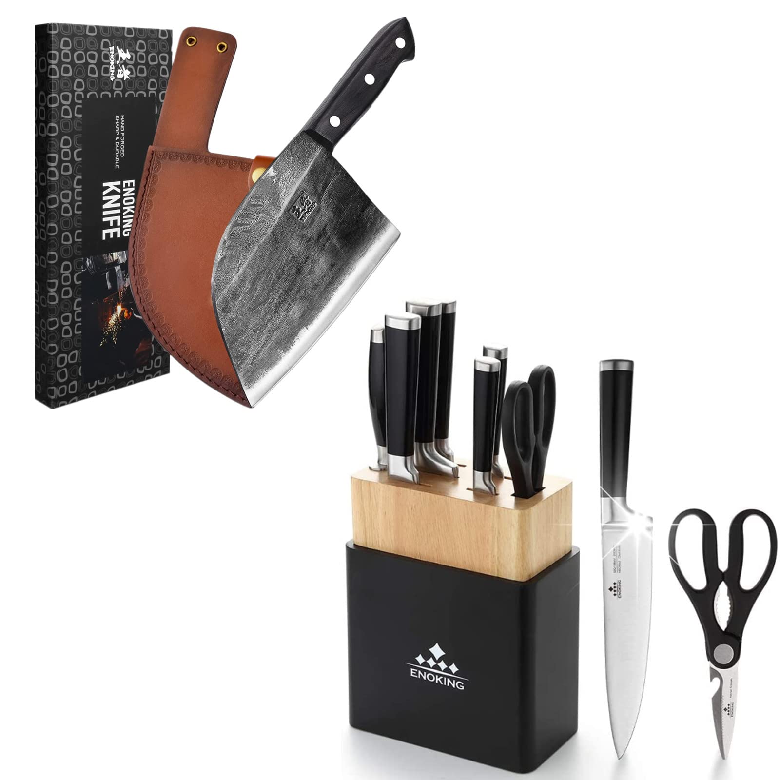 Premium Serbian Chef Knife & 8-Piece Kitchen Knife Block Set - Forged High-Carbon Stainless Steel Butcher Knives with Full Tang Handle, Leather Sheath, Scissors & Wooden Block - Perfect for Meat Cutting, Food Prep & Professional Cooking