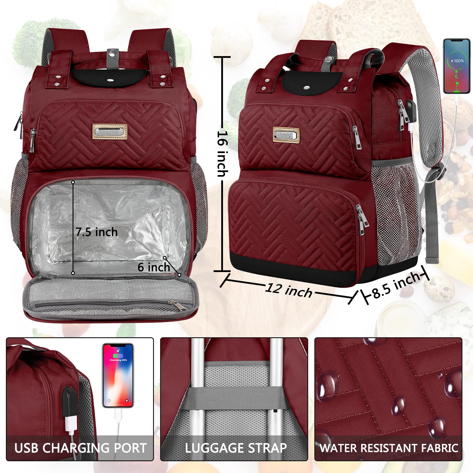 Mogplof Insulated Lunch Backpack for Women - Water-resistant Cooler Backpack with USB Port & RFID Pockets, Fits 15.6 Inch Laptop, Red - Perfect for College, Nurse Work, Travel, and Outdoor Adventures