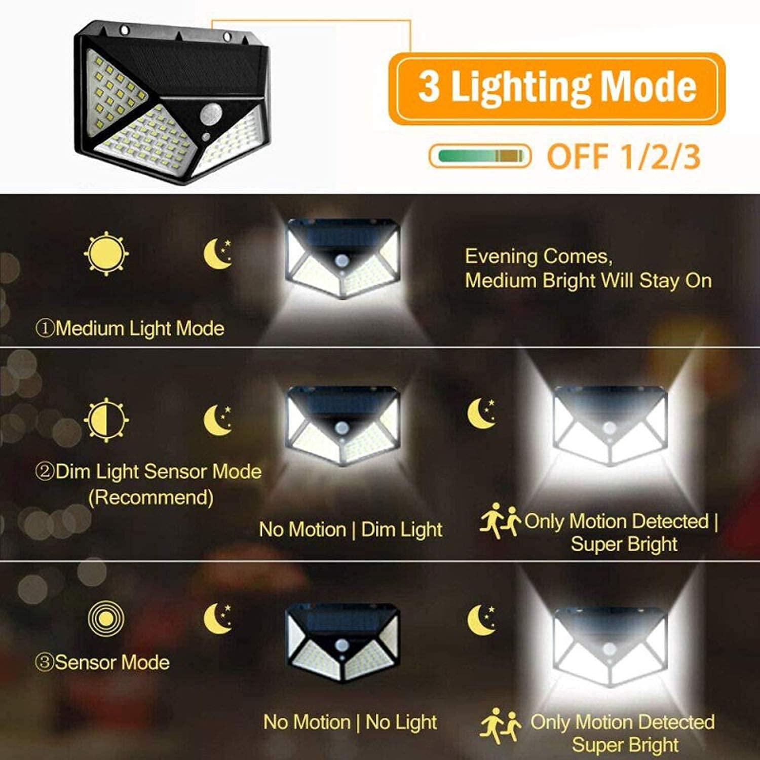 100 LED Solar Security Light with Motion Sensor - ABS Waterproof Wall Light for Deck, Garage & Outdoor - 3 Lighting Modes - Solar Powered Security Lighting for Home, Garden & Pathway Safety