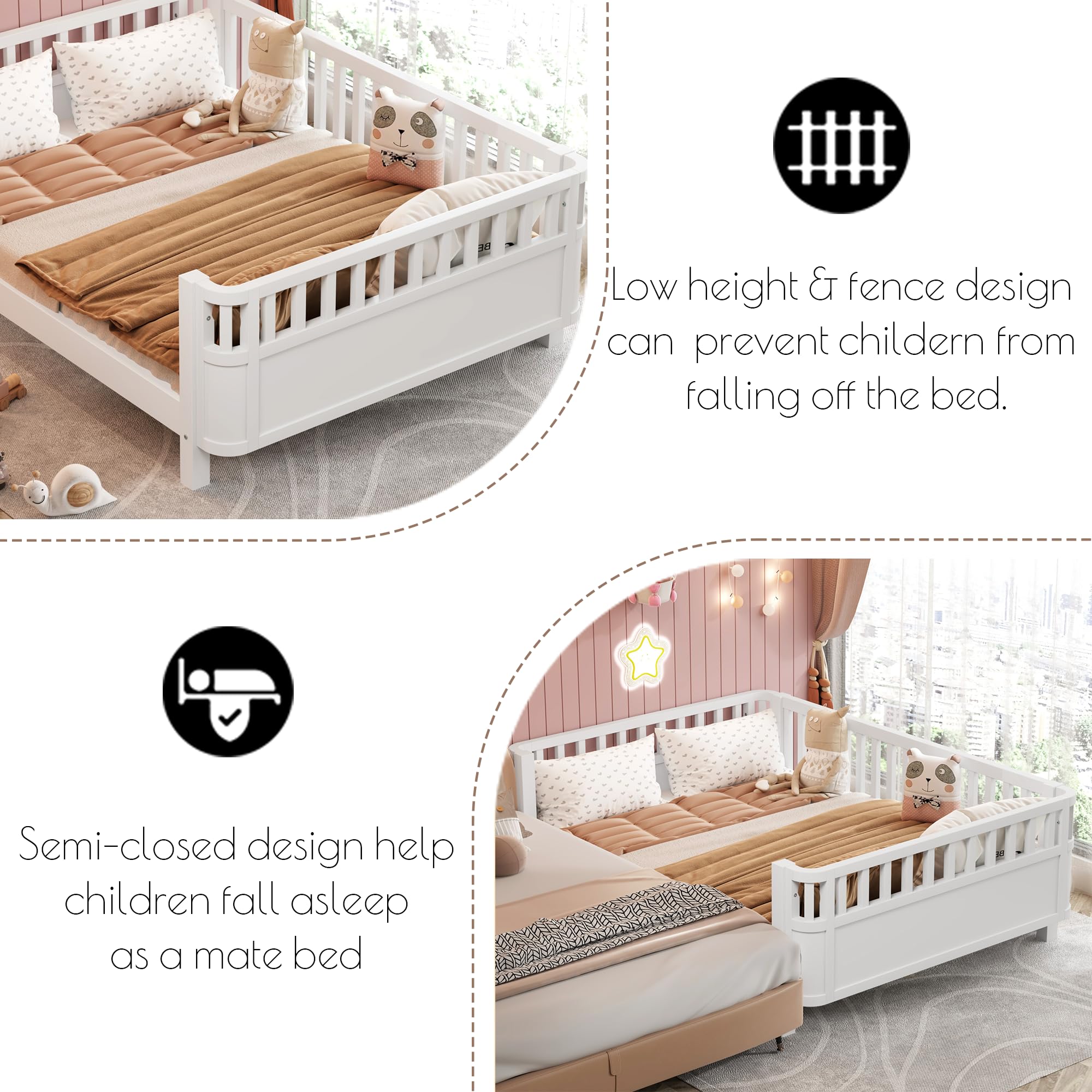 Montessori Full Size Bed with Guardrails - Solid Wood Kids Bed Frame with Slats Support - Low Profile Modern Toddler Bed with Removable Side Rails for Boys & Girls - Perfect for Bedroom, Nursery or Playroom - White