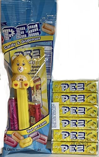 Pez Care Bears Funshine Bear Pez Dispenser with 2 Candy Rolls & 6-Pack Lemon Flavor Refills - Perfect for Birthday Parties, Collectibles, and Office Treats