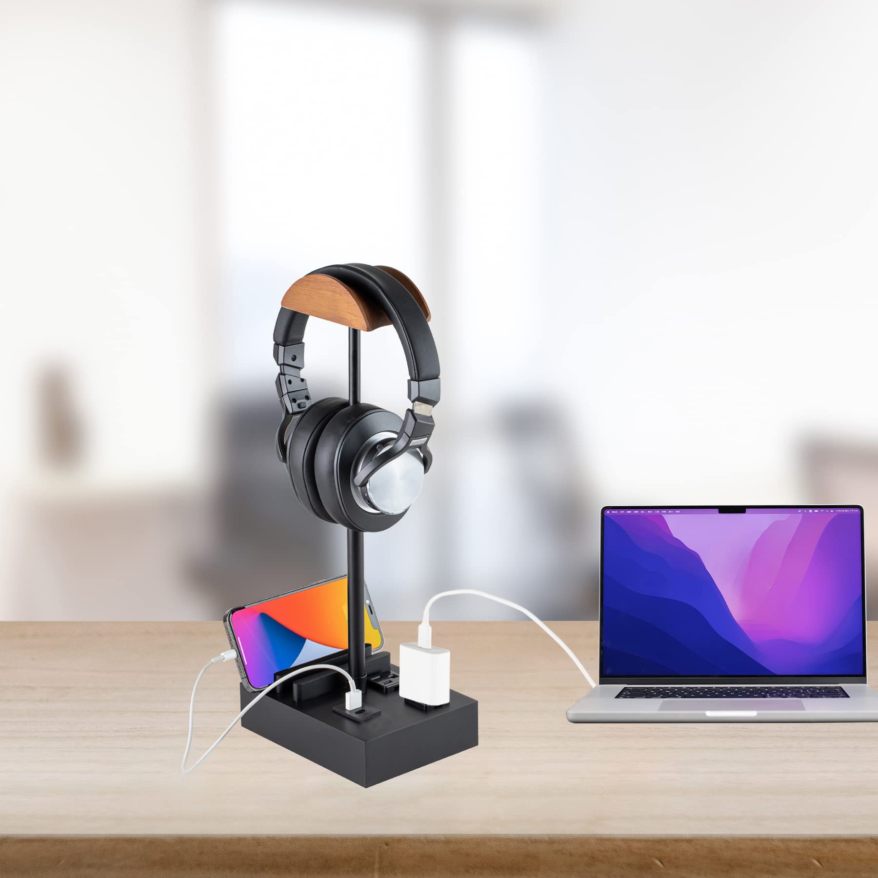 CASTLELIFE Adjustable Wood Headphone Stand with USB Ports & AC Outlets - Perfect for Gaming Setup & Desktop Charging Station