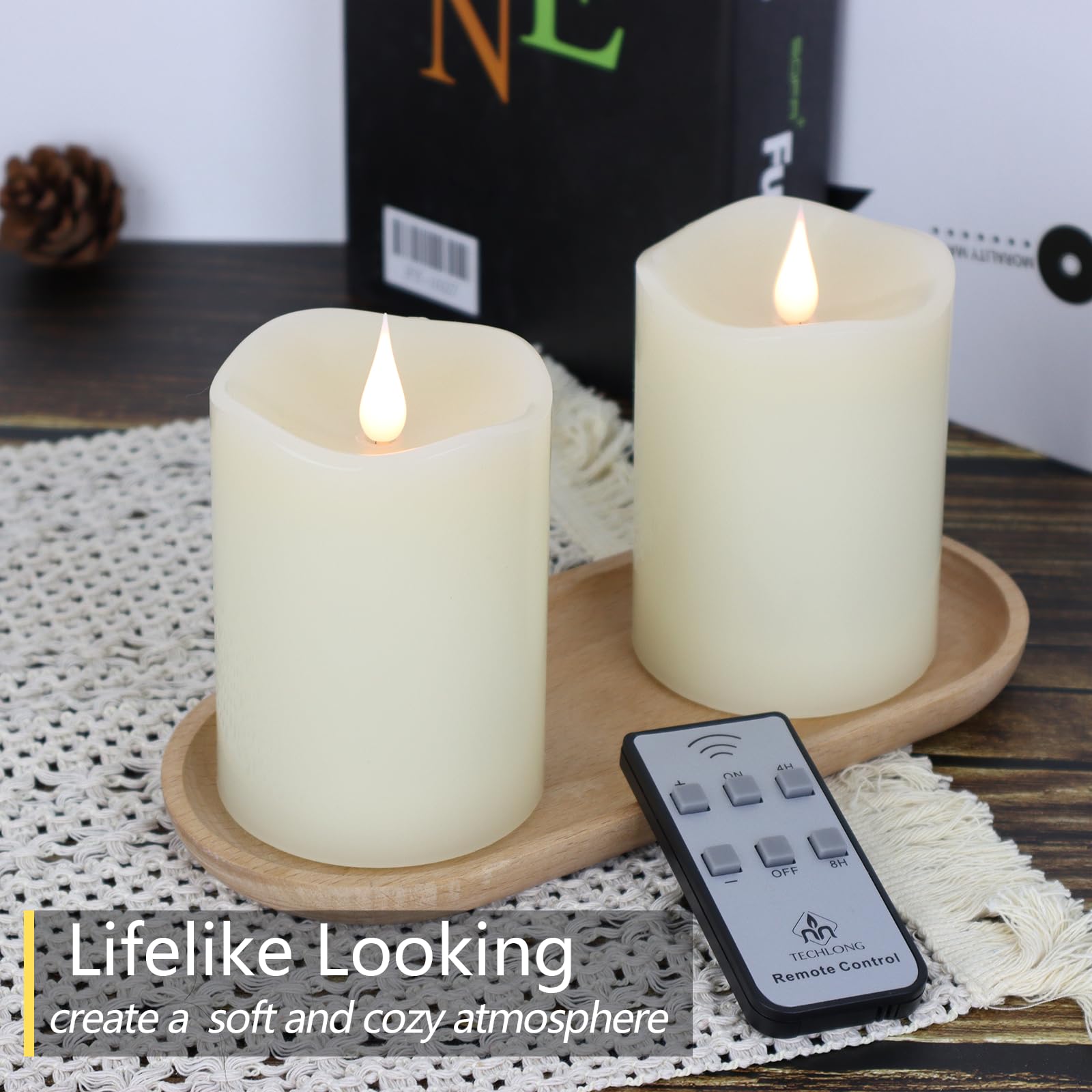 TECHLONG Ivory Real Wax Electric LED Pillar Candles - 3