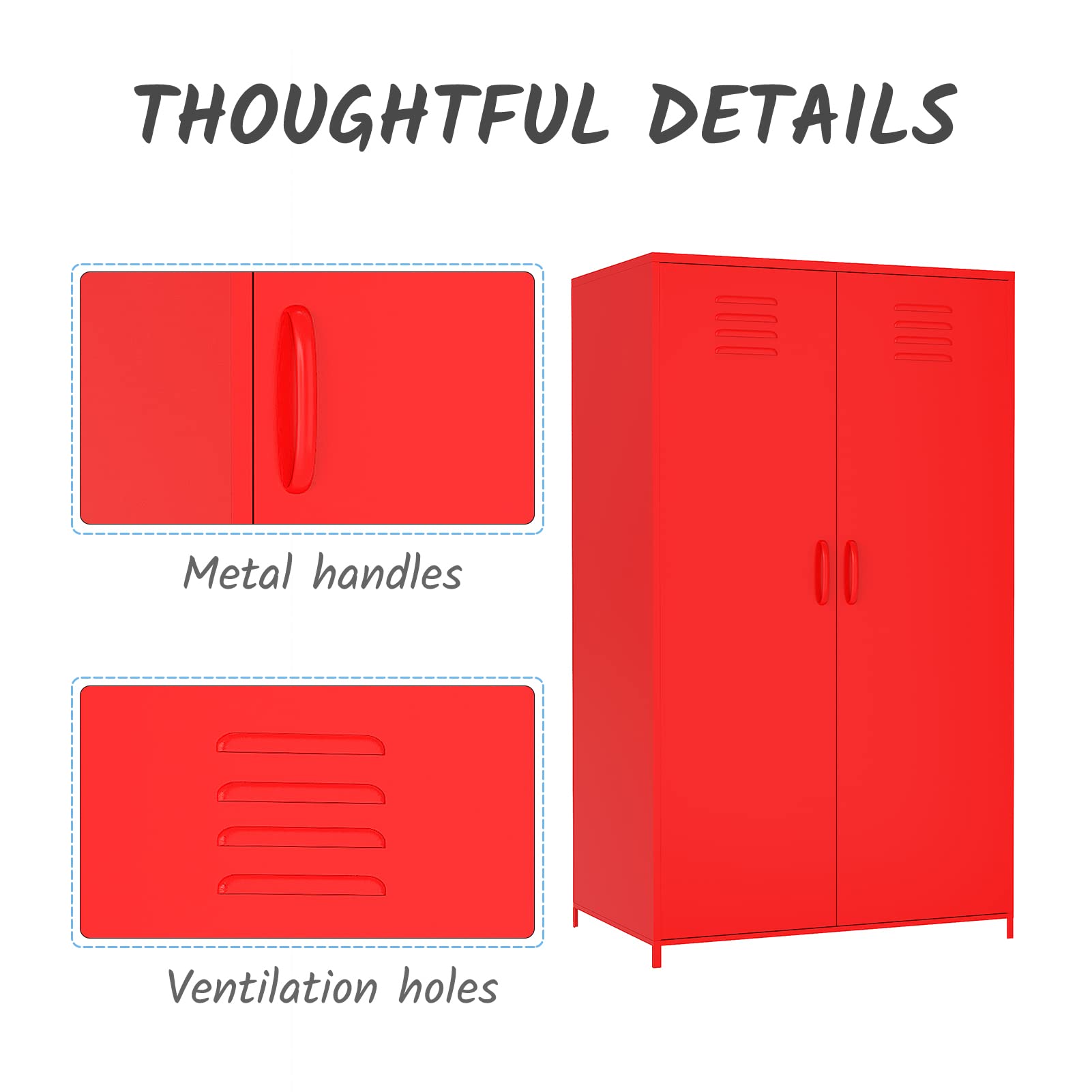 Steel Storage Cabinet with Double Doors - Hanging Rod & Shelves for Toys, Clothes, Books - Perfect for Bedroom, School, Classroom, Office (Red) - Organize Your Space with Durable Metal Locker