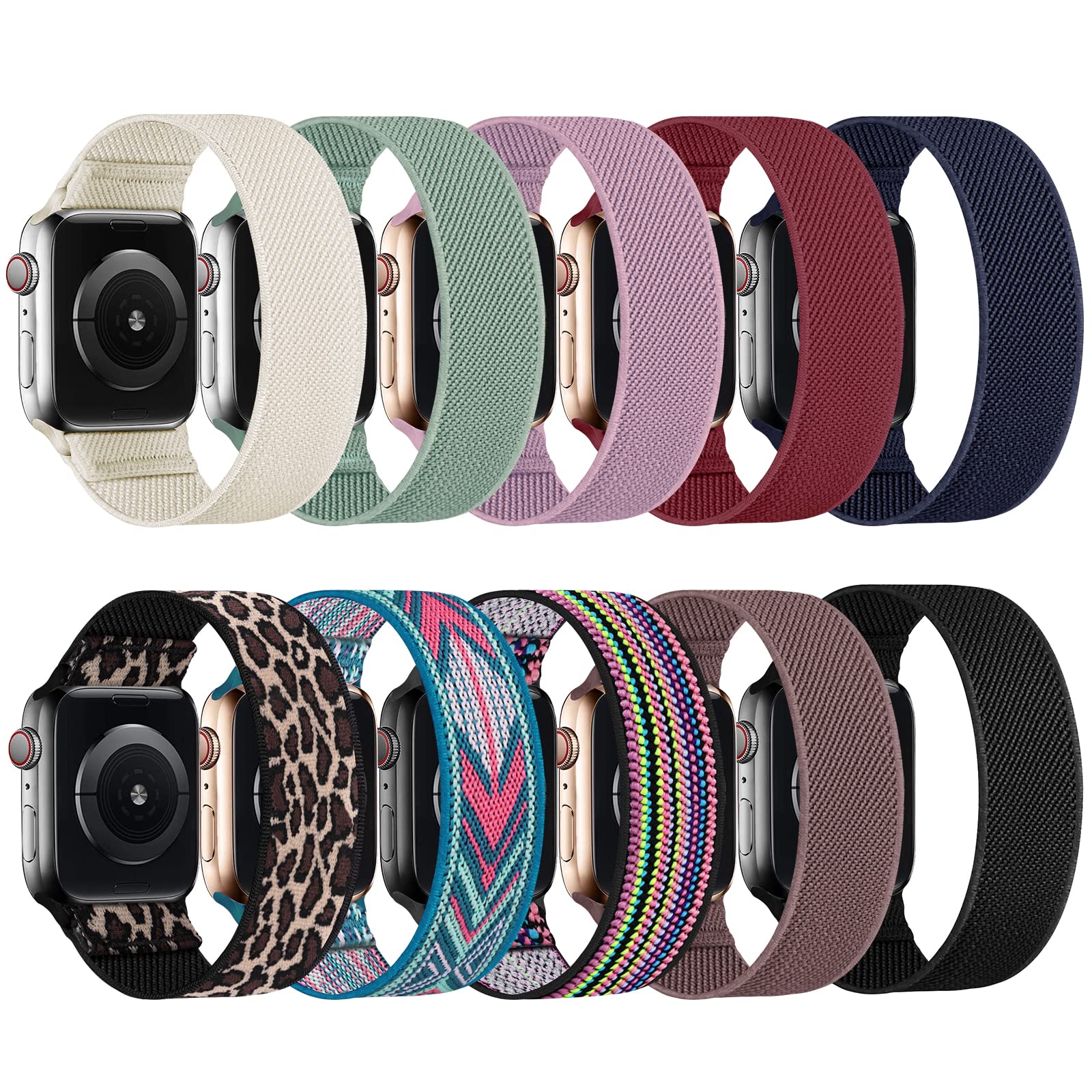 10 Pack Stretchy Solo Loop Bands for Apple Watch 38mm-49mm - Soft Elastic Nylon Sport Straps Compatible with iWatch Ultra 1/2, SE & Series 8/7/6/5/4/3/2/1 - Perfect for Gym, Running, Swimming & Everyday Wear (Men & Women)