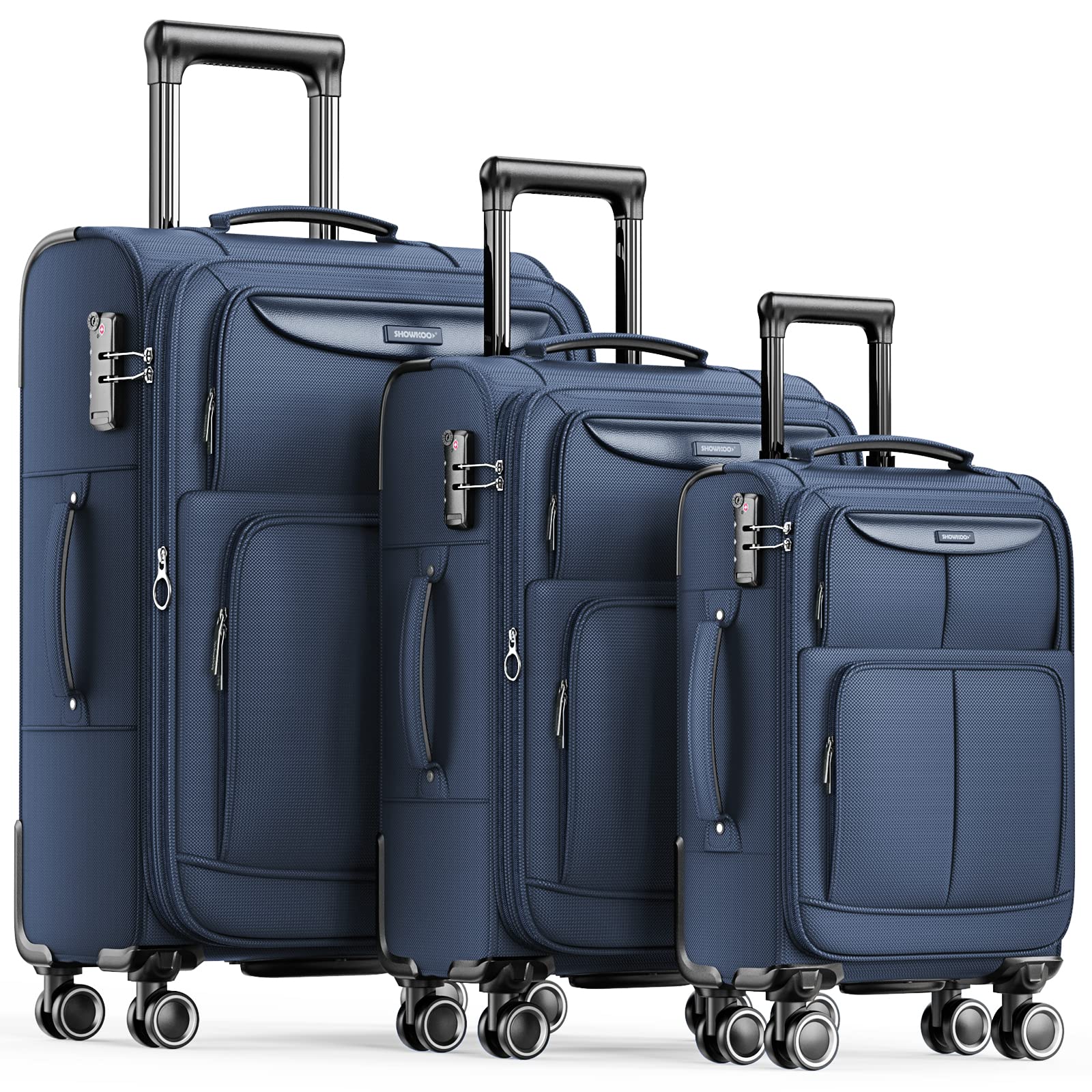 SHOWKOO 3-Piece Softside Expandable Lightweight Luggage Set with Double Spinner Wheels & TSA Lock - Blue (20in/24in/28in) - Durable Suitcase for Travel, Business Trips & Family Vacations