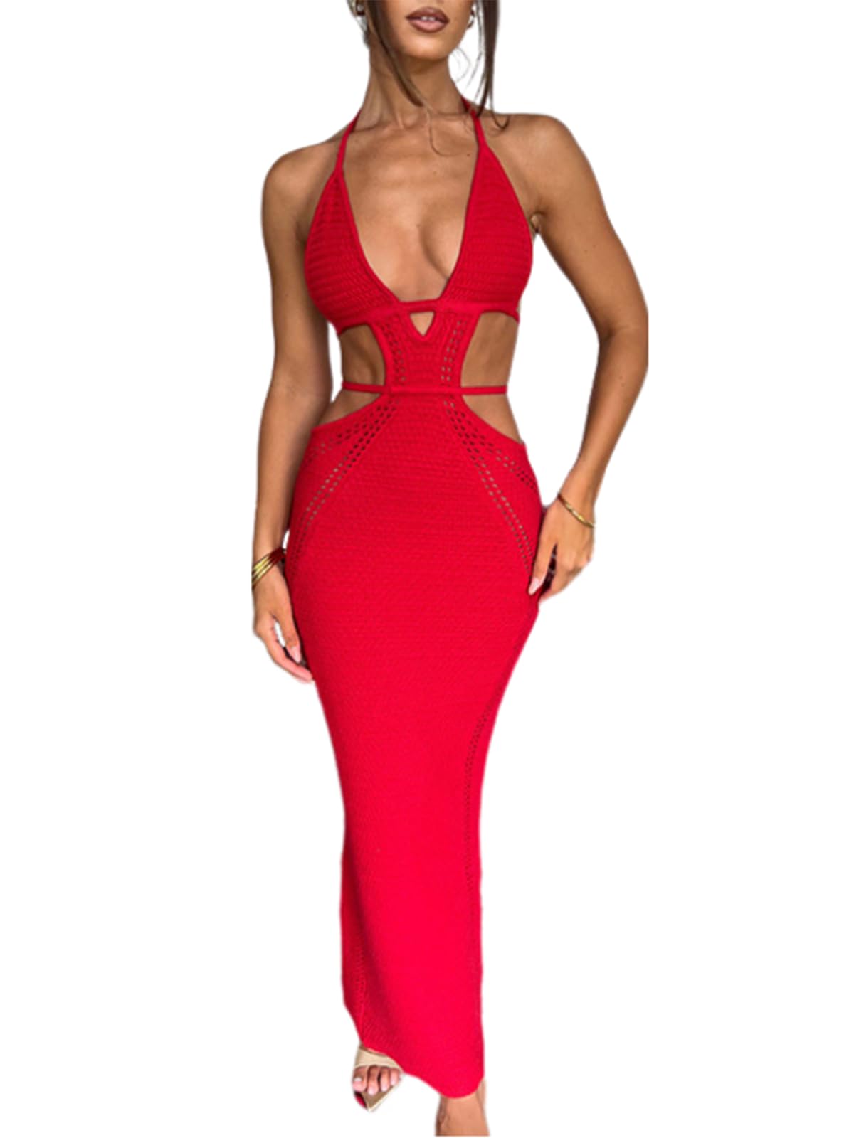 Ryehack Women's Halter Crochet Maxi Dress - Summer Sleeveless Backless V-Neck Hollow Out Beach Vacation Dress for Women | Boho Floral Lace Beachwear | Perfect for Pool Parties, Tropical Getaways & Date Nights