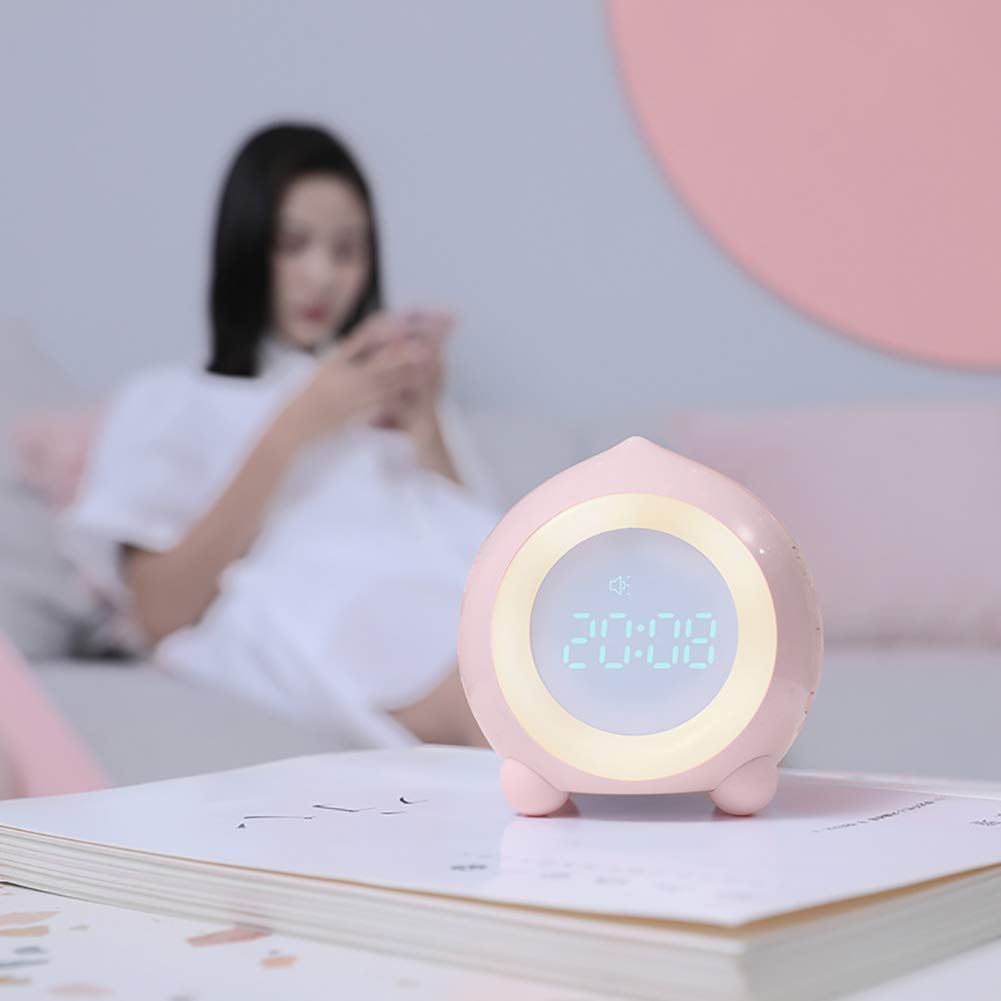 Kids Alarm Clock with Wake Up Light & Sleep Training - Digital USB Night Light with Snooze, Sunrise Simulation, Temperature & Date Display - Ideal for Boys & Girls Bedroom, Student Dorm, Nap Time (Pink)