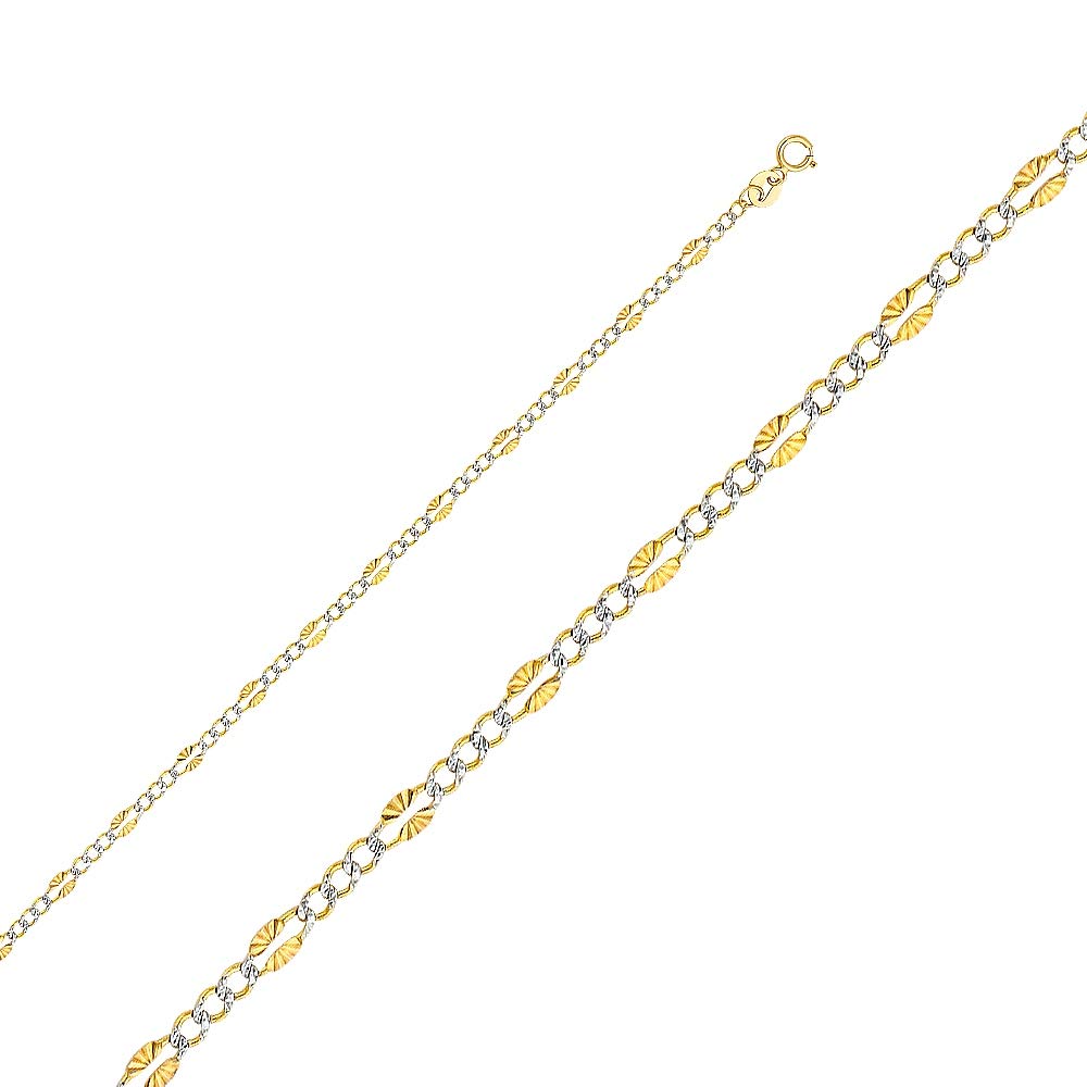 14K Yellow Gold Thin Figaro Chain Necklace with Rhodium Pave Links - 3.2mm Width, 3+1 Link Design - Elegant Jewelry Gift for Women (160/180/200/220/240mm Length Options) - Perfect for Daily Wear, Parties & Special Occasions