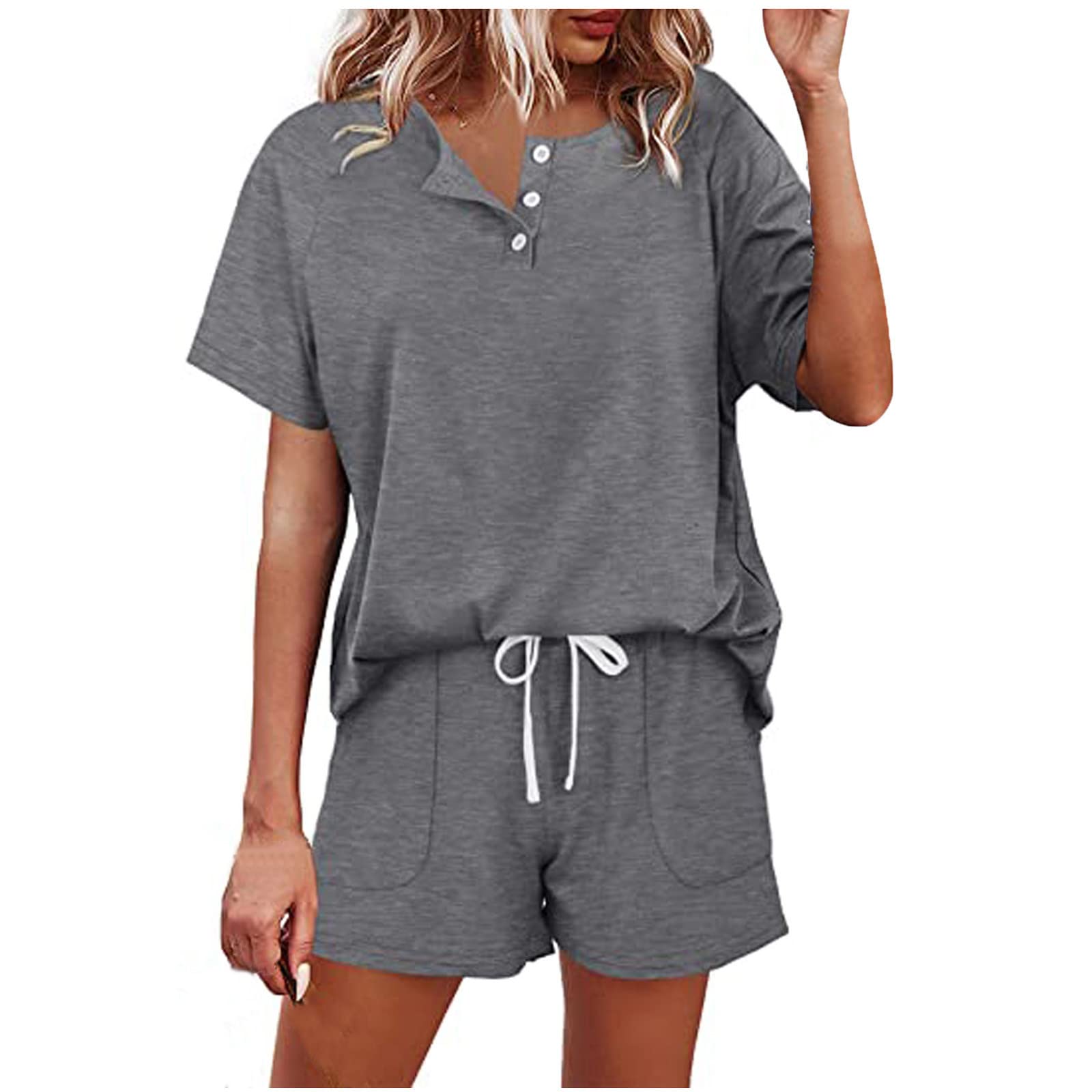 Kinrui Women's 2-Piece Pajama Set - Short Sleeve Ultra-Soft Sleepwear & Lounge PJS with Pockets (S-XXL) | Summer Comfort for Nightwear, Home Relaxation & Vacation Outfits
