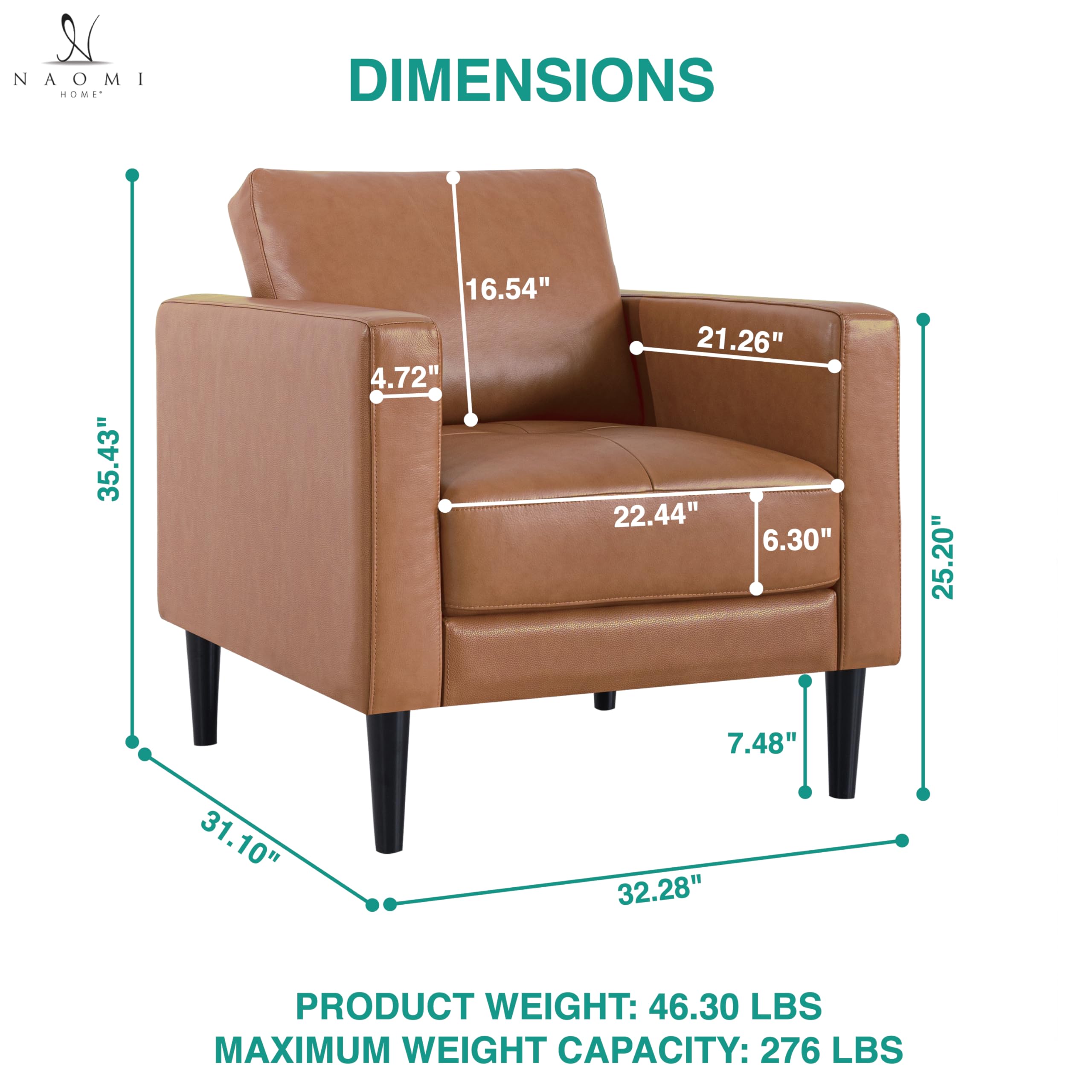 Naomi Home Marisa Genuine Leather Sofa Chair - Single Upholstered Living Room Accent Chair, Real Leather Lounge Chair for Bedroom & Office (Tan) - Perfect for Small Spaces, Reading Nooks & Cozy Corners