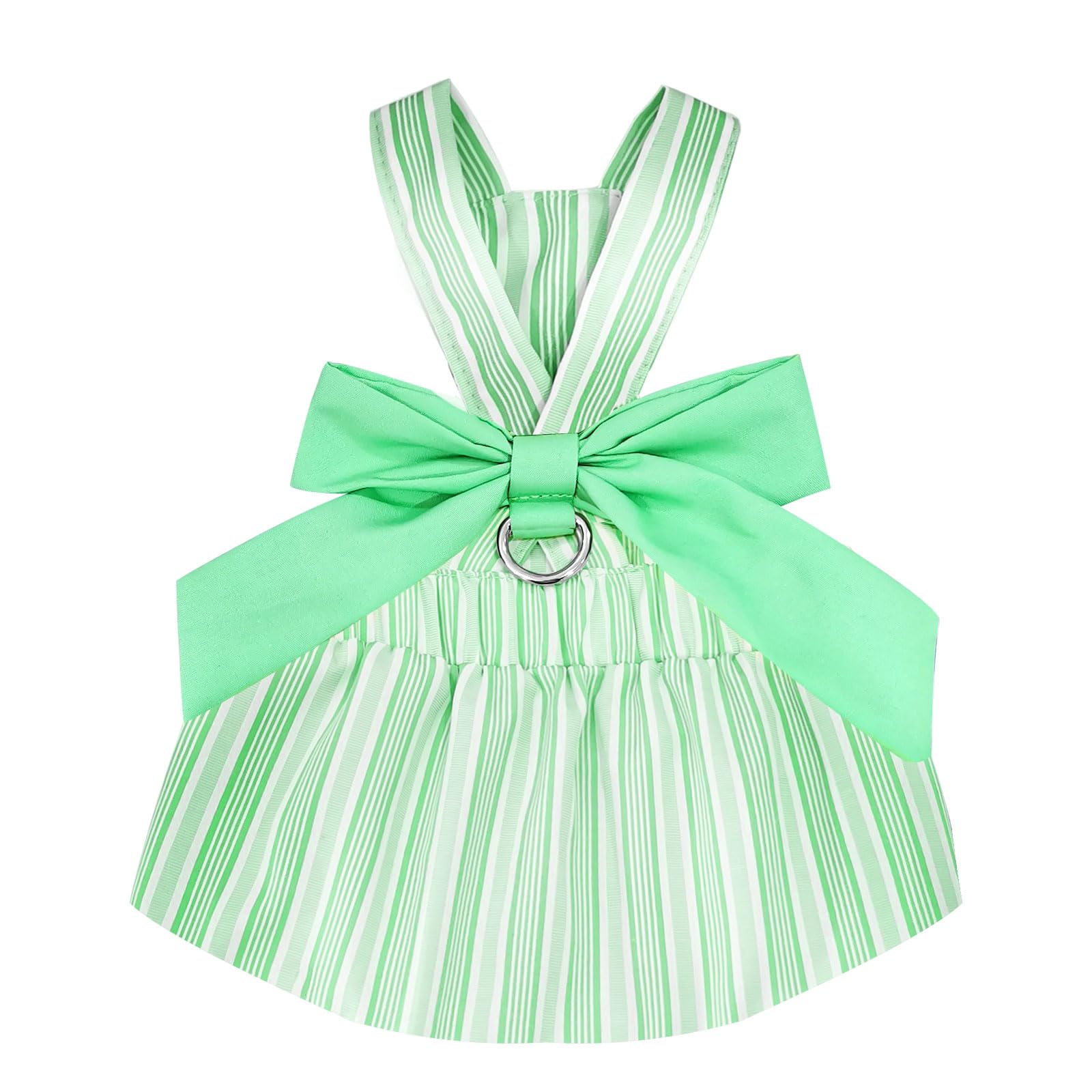 Cute Striped Summer Dog Dress with Bowknot - Small Dog Harness Outfit for Chihuahua, Yorkie, Pug & Female Cats (Green, Large) - Perfect for Birthday Parties & Outdoor Adventures