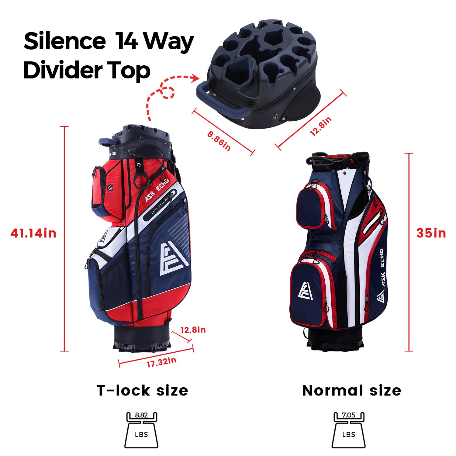 Premium ASK ECHO T-Lock 14-Way Golf Cart Bag with Organizer Divider - Waterproof Rain Cover & Comfort Handles - Durable Golf Bag for Men - Perfect for Country Clubs & Tournament Play