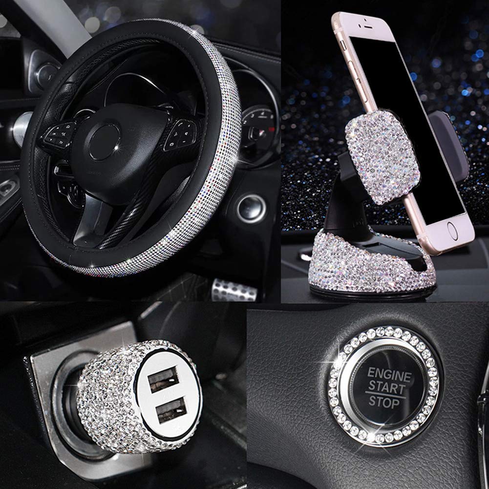 Bling Car Accessories Set for Women - 15 Inch Universal Diamond Steering Wheel Cover, Rhinestone USB Charger, Mobile Holder, 5-Piece Kit for Stylish & Functional Car Interior Upgrade